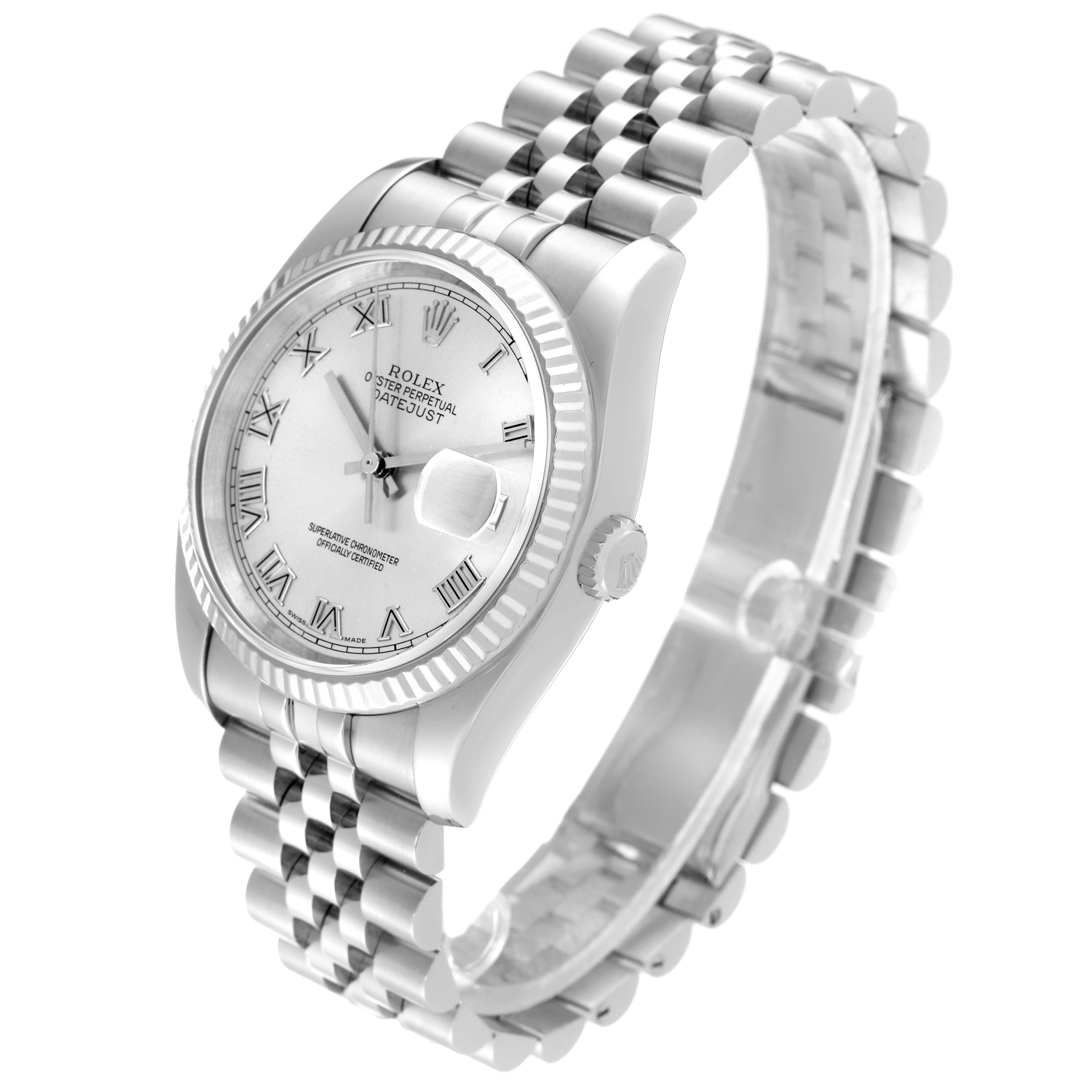 The image shows a Rolex Datejust 116234 Men
s Stainless Steel Silver Dial 116234 Men
s Stainless Steel Silver Dial watch from a front-left angle, displaying the face, bezel, and jubilee bracelet.