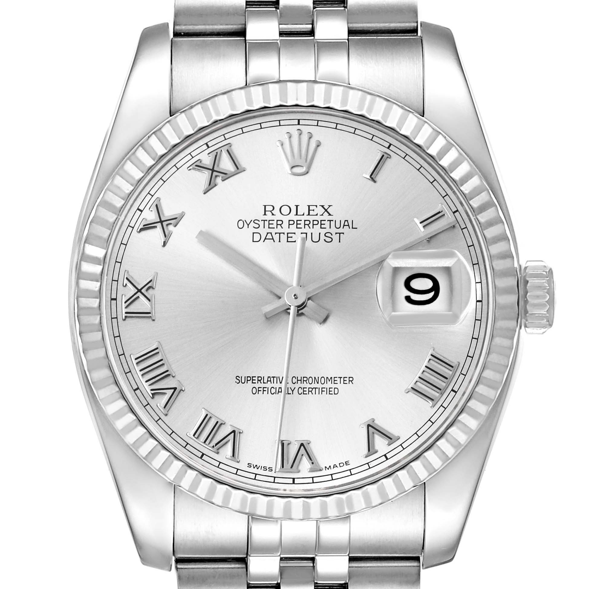 The image shows the front face of the Rolex Datejust 116234 Men
s Stainless Steel Silver Dial 116234 Men
s Stainless Steel Silver Dial watch, clearly displaying its Roman numerals, date window, and crown.