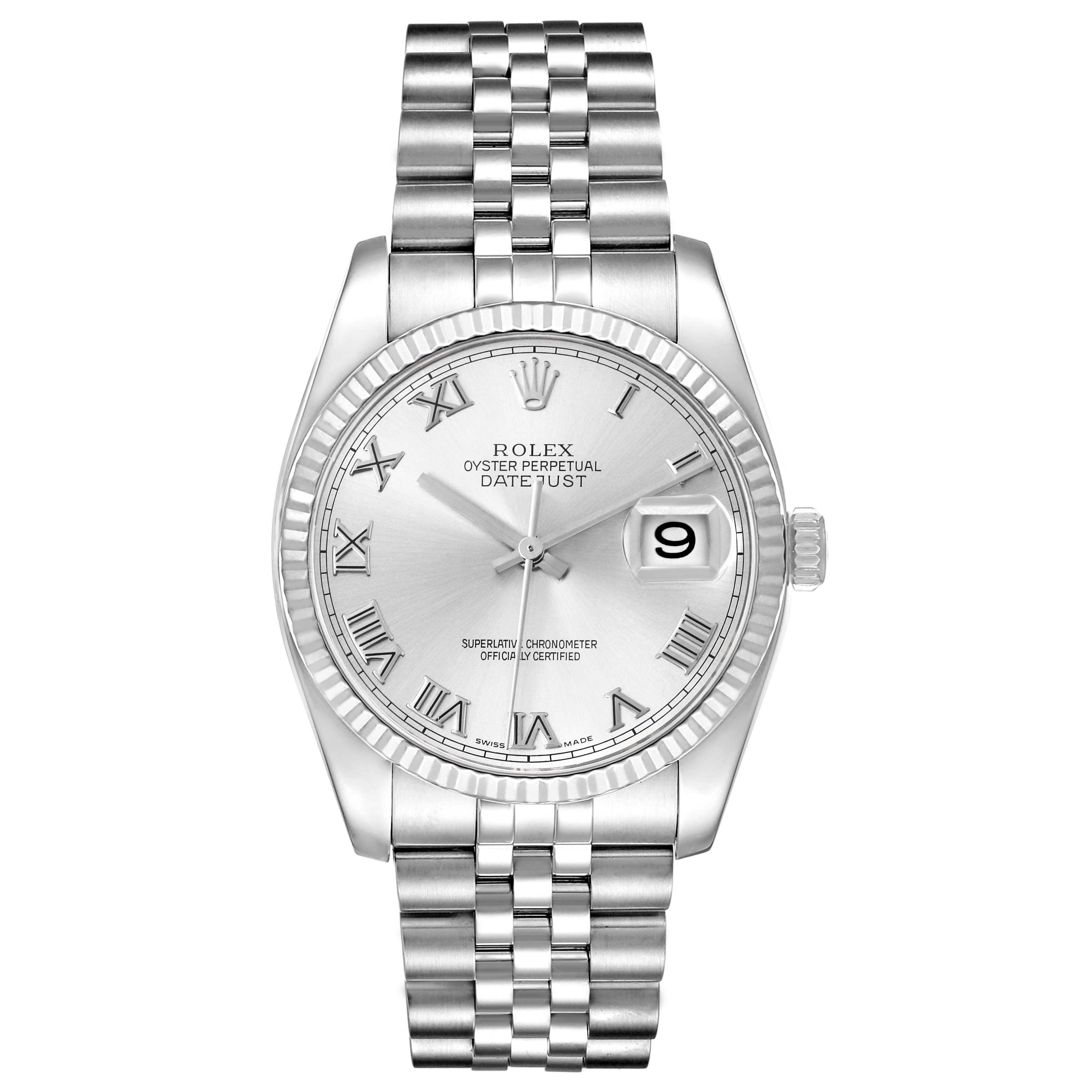 The image shows a front view of the Rolex Datejust 116234 Men
s Stainless Steel Silver Dial 116234 Men
s Stainless Steel Silver Dial watch, displaying the dial, bezel, and bracelet.