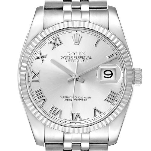 This image shows a frontal view of the Rolex Datejust watch, displaying its dial, bezel, and part of the bracelet.