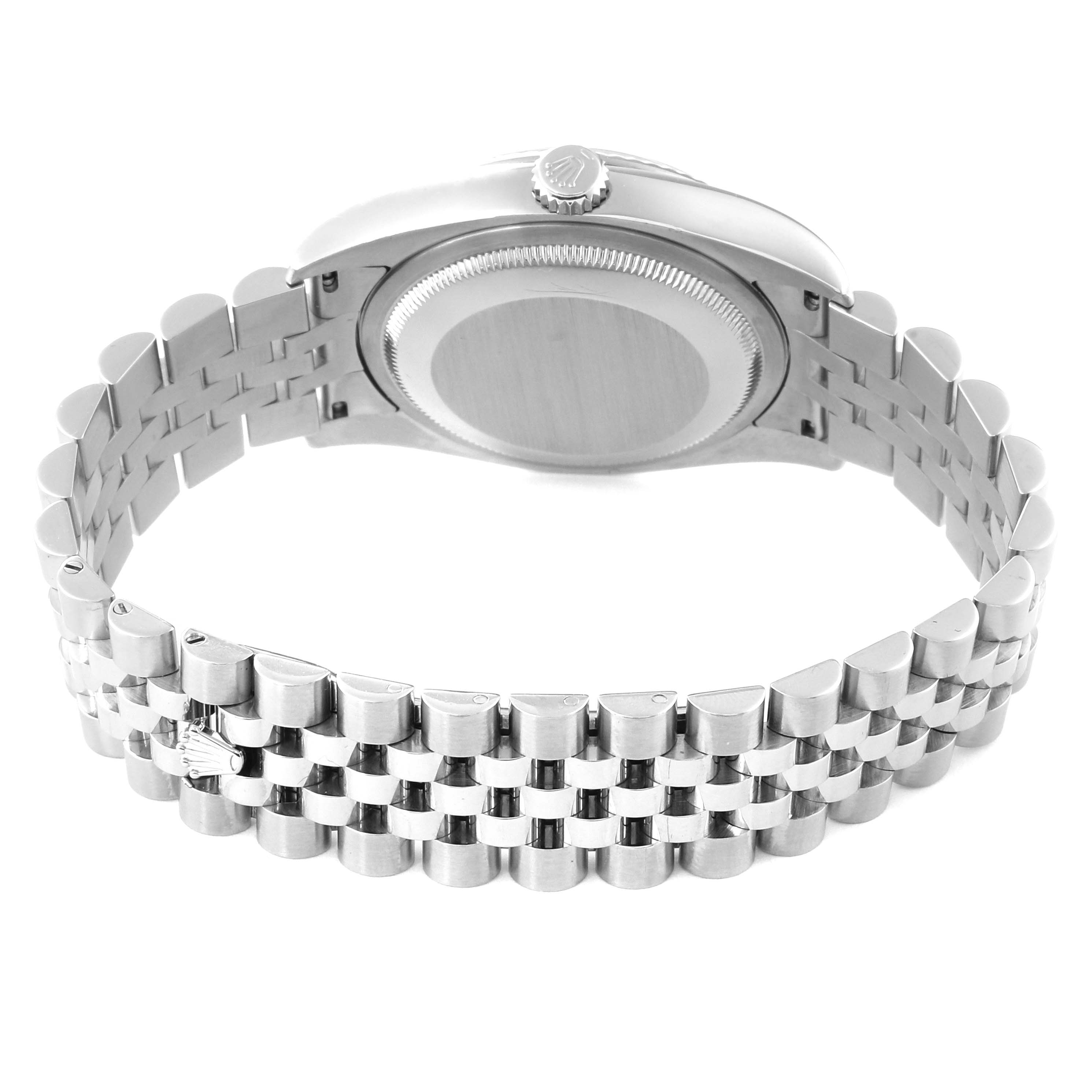 The image shows the back view and bracelet of a Rolex Datejust 116234 Men
s Stainless Steel Silver Dial 116234 Men
s Stainless Steel Silver Dial watch, displaying its case back and Jubilee bracelet.