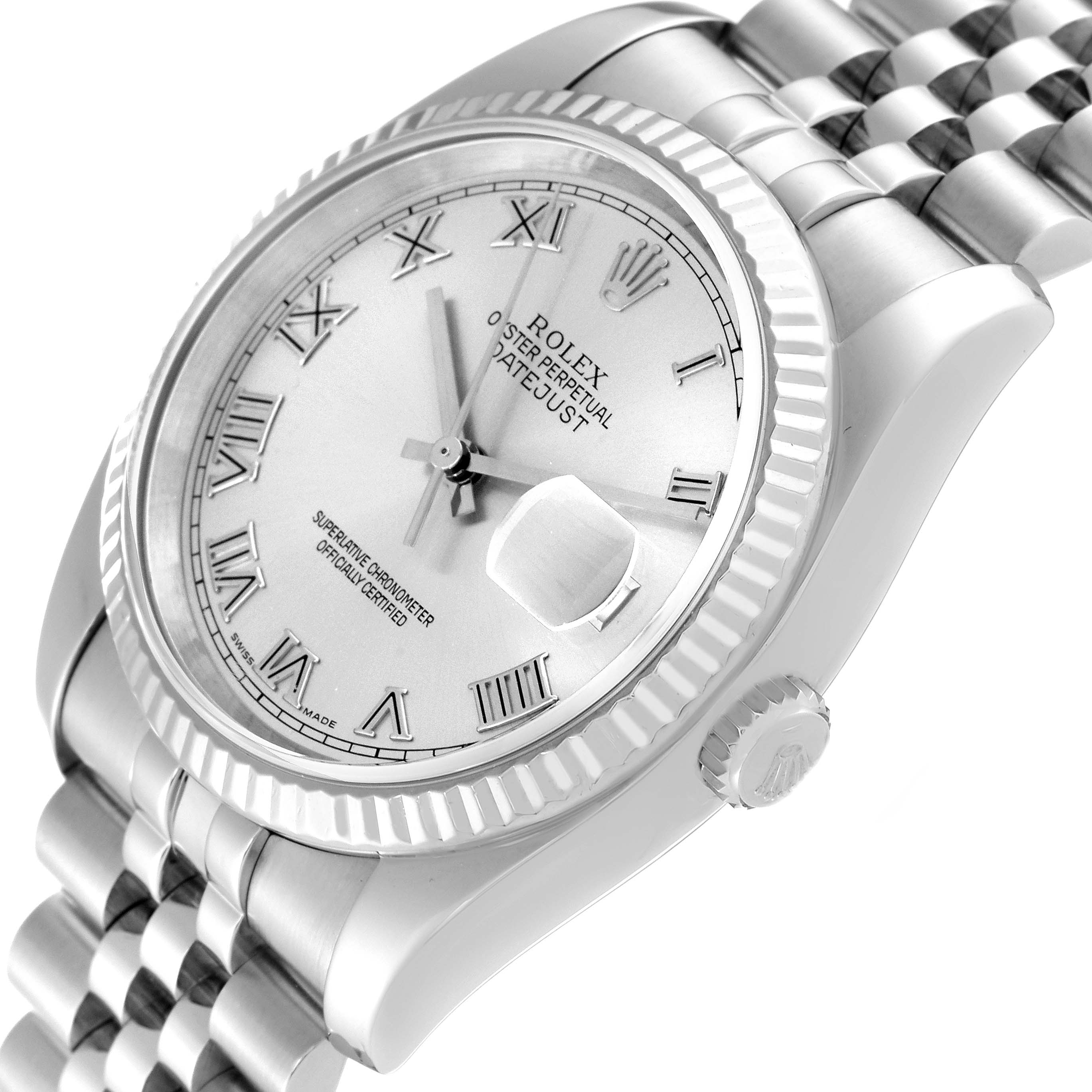 The image shows a close-up angle of a Rolex Datejust 116234 Men
s Stainless Steel Silver Dial 116234 Men
s Stainless Steel Silver Dial watch, highlighting its dial, fluted bezel, and bracelet.