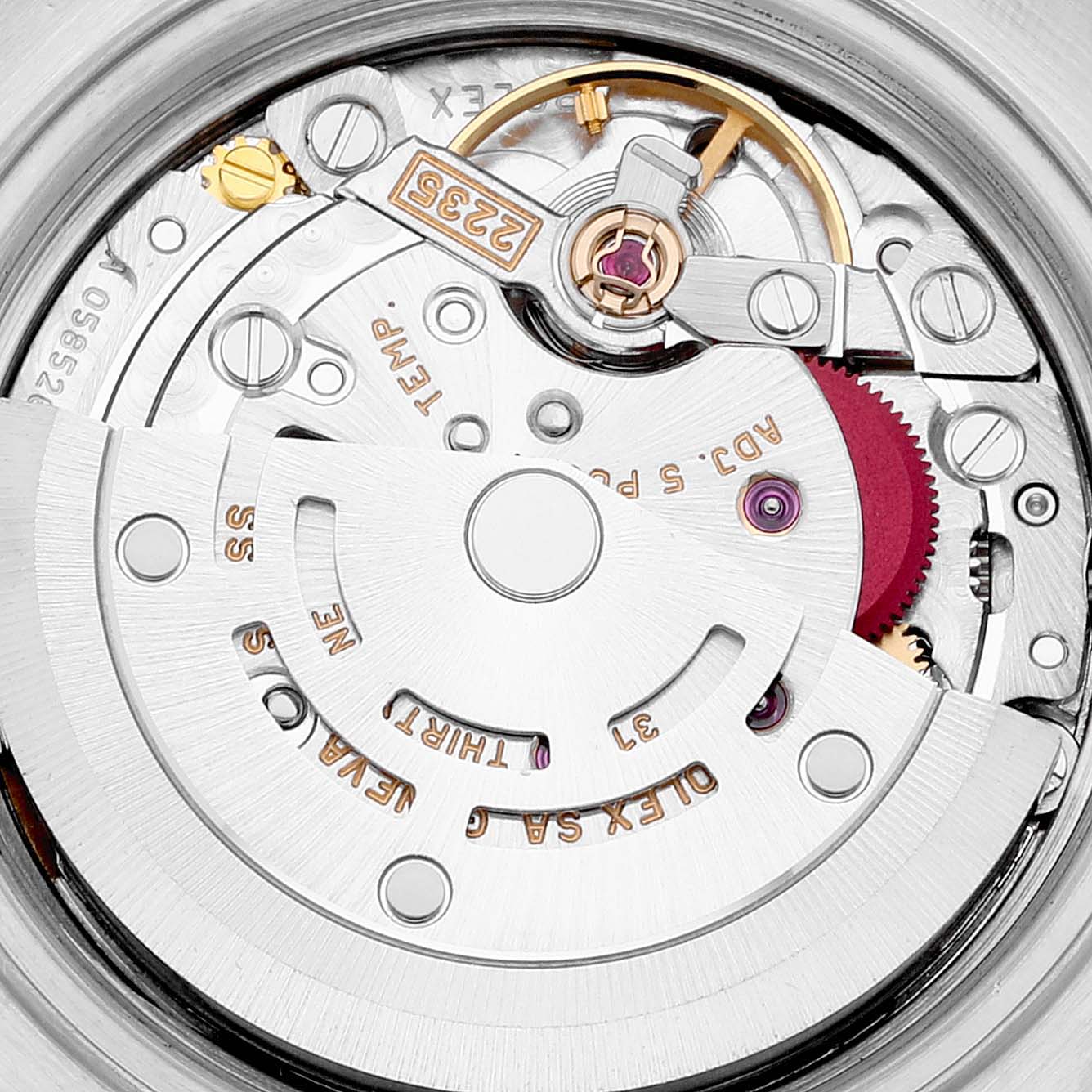 This close-up image shows the internal movement and rotor of the Rolex Datejust 79173 Women's Steel and Gold (two tone) Blue Dial 79173 Women's Steel and Gold (two tone) Blue Dial watch.