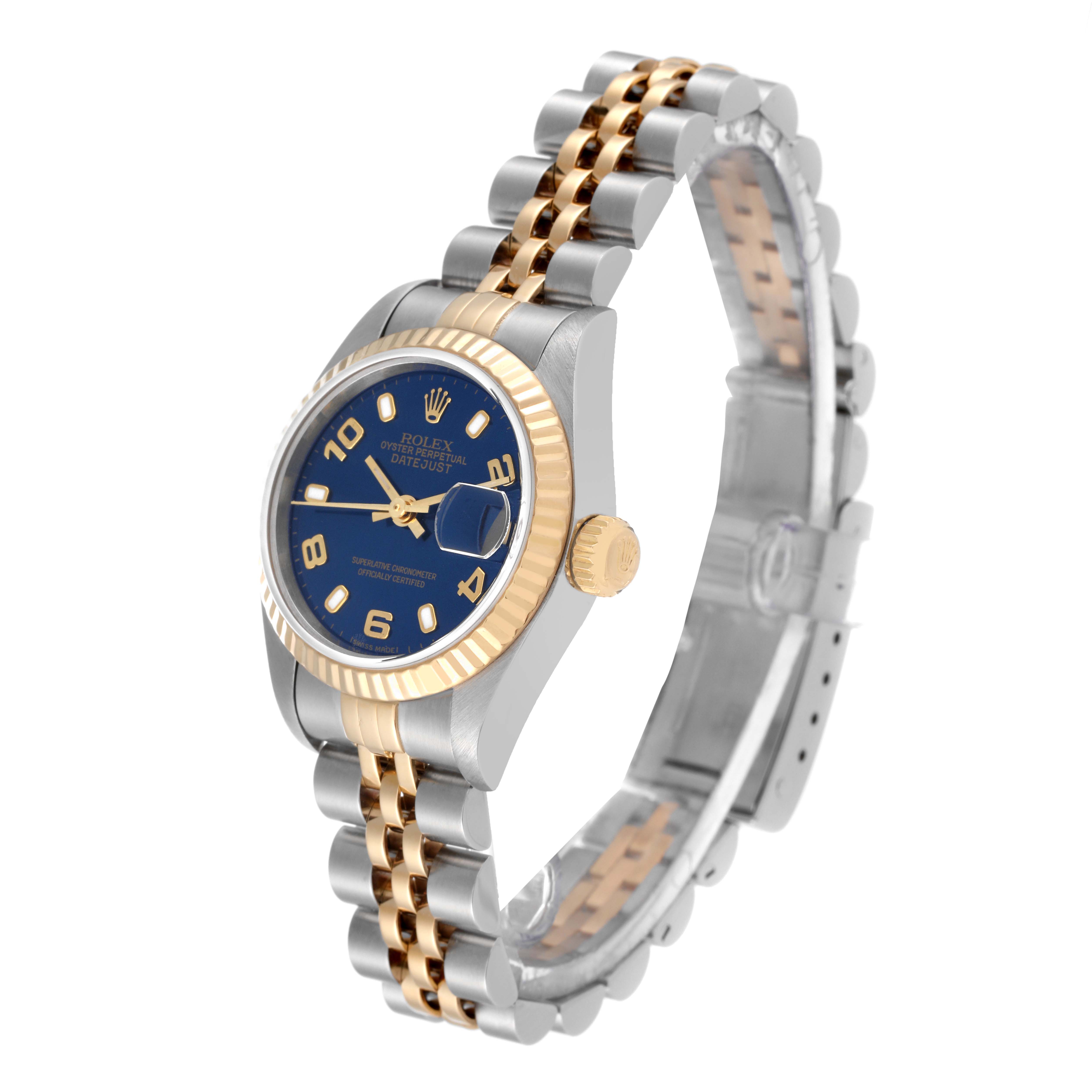 The Rolex Datejust 79173 Women's Steel and Gold (two tone) Blue Dial 79173 Women's Steel and Gold (two tone) Blue Dial watch is shown at a front angle highlighting its blue dial, gold bezel, crown, and two-tone bracelet.