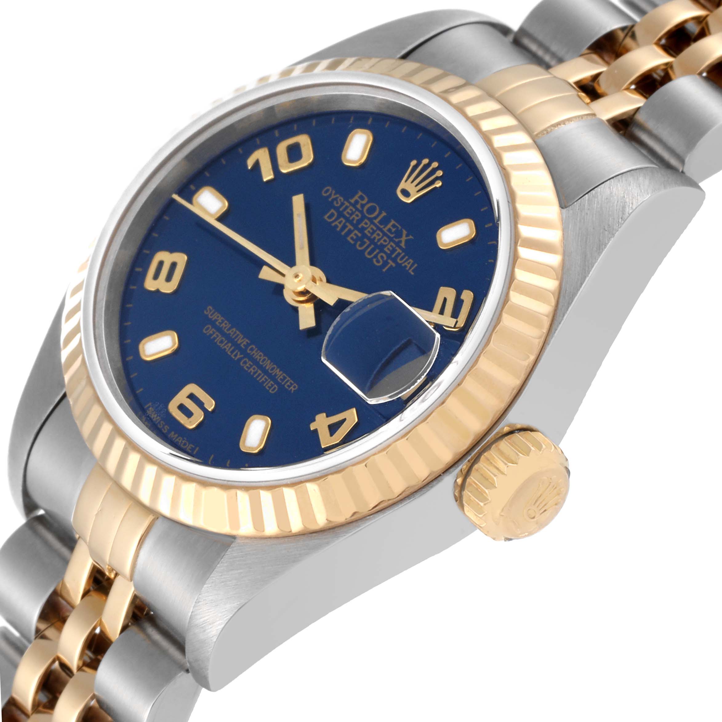 The image shows a Rolex Datejust 79173 Women's Steel and Gold (two tone) Blue Dial 79173 Women's Steel and Gold (two tone) Blue Dial watch angled to display its face, bezel, crown, and part of the two-tone bracelet.