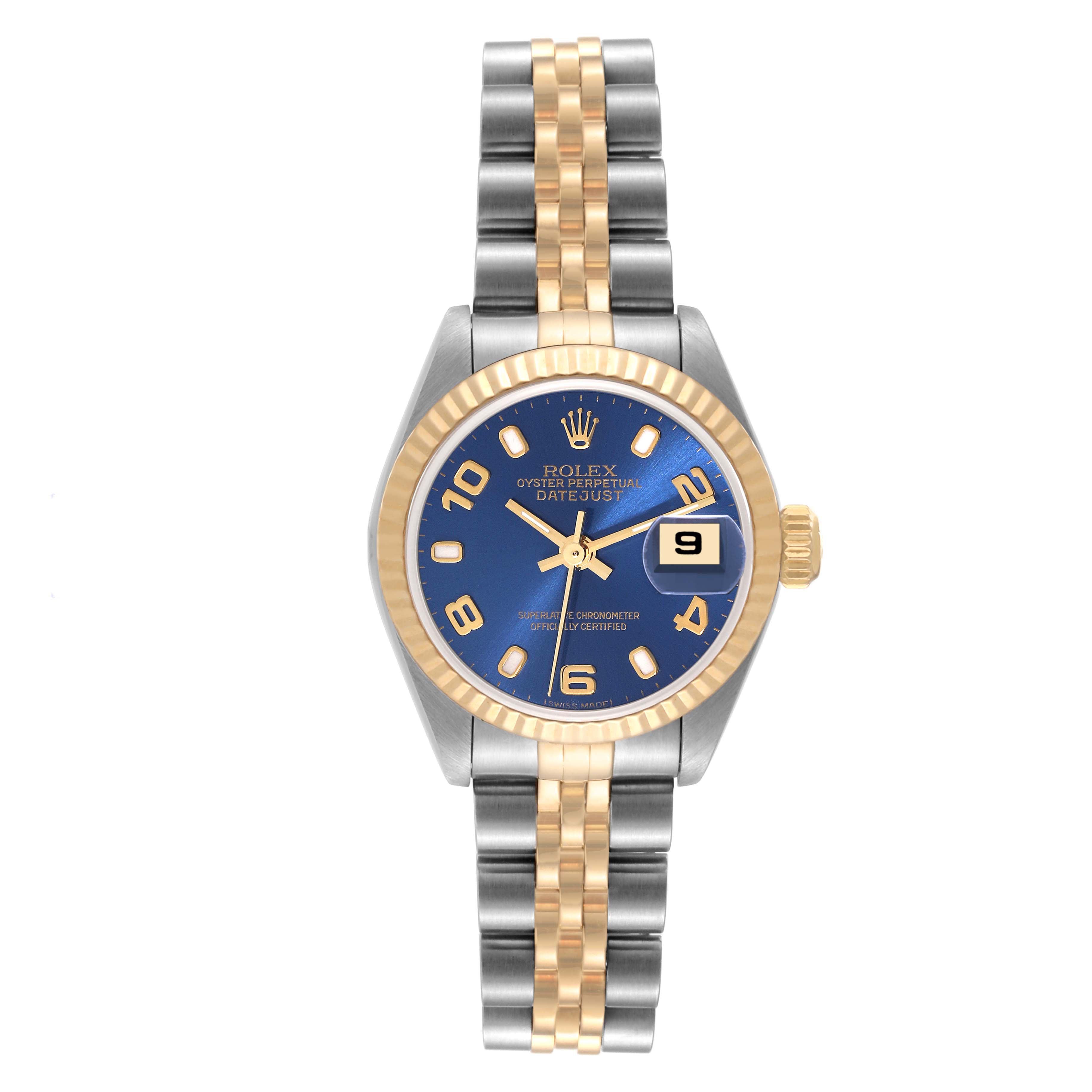 This image shows a Rolex Datejust 79173 Women's Steel and Gold (two tone) Blue Dial 79173 Women's Steel and Gold (two tone) Blue Dial watch from a top-down angle, displaying its blue dial, gold fluted bezel, and two-tone bracelet.
