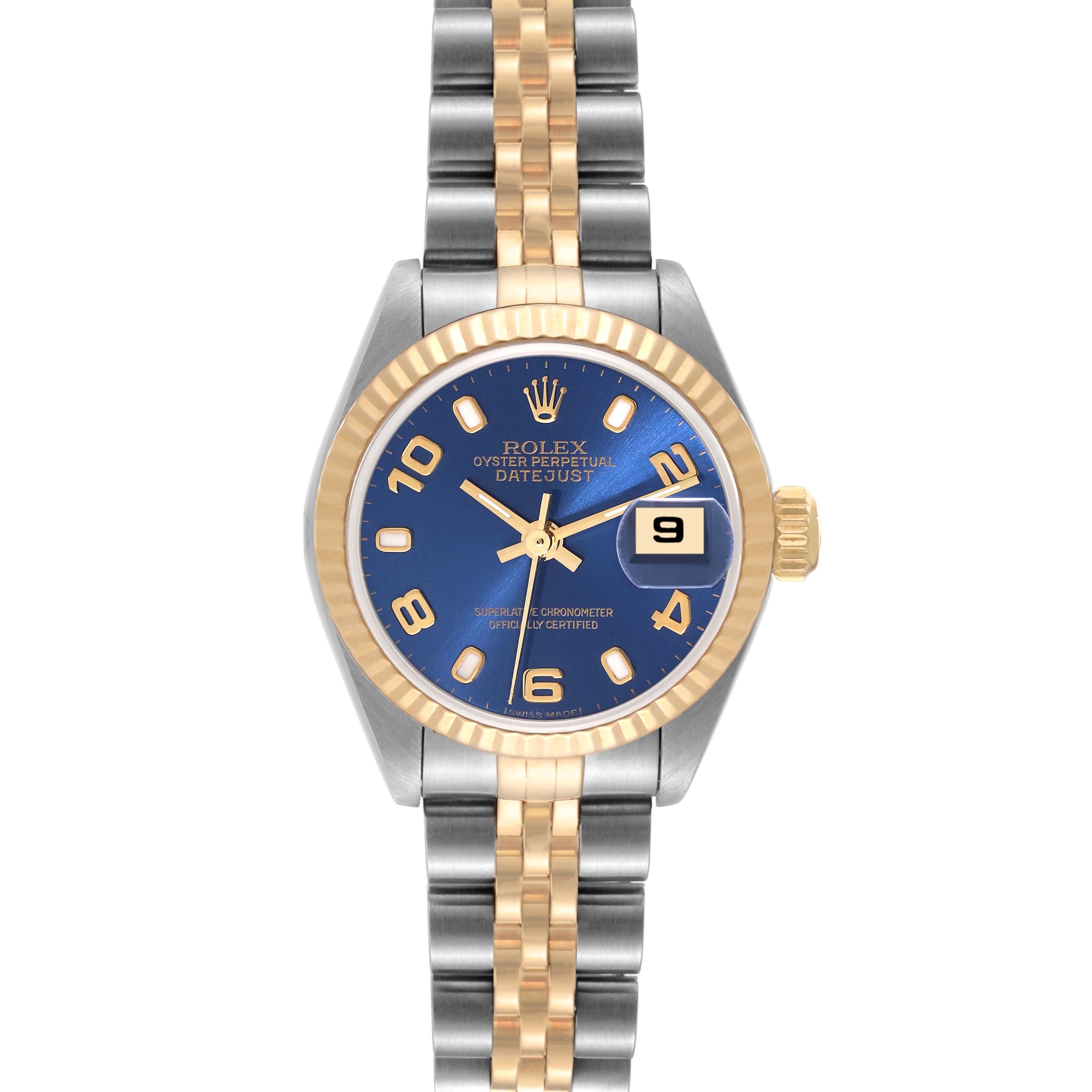 This Rolex Datejust 79173 Women's Steel and Gold (two tone) Blue Dial 79173 Women's Steel and Gold (two tone) Blue Dial watch is shown from the front, displaying its blue dial, gold and silver bracelet, and date window at 3 o'clock.