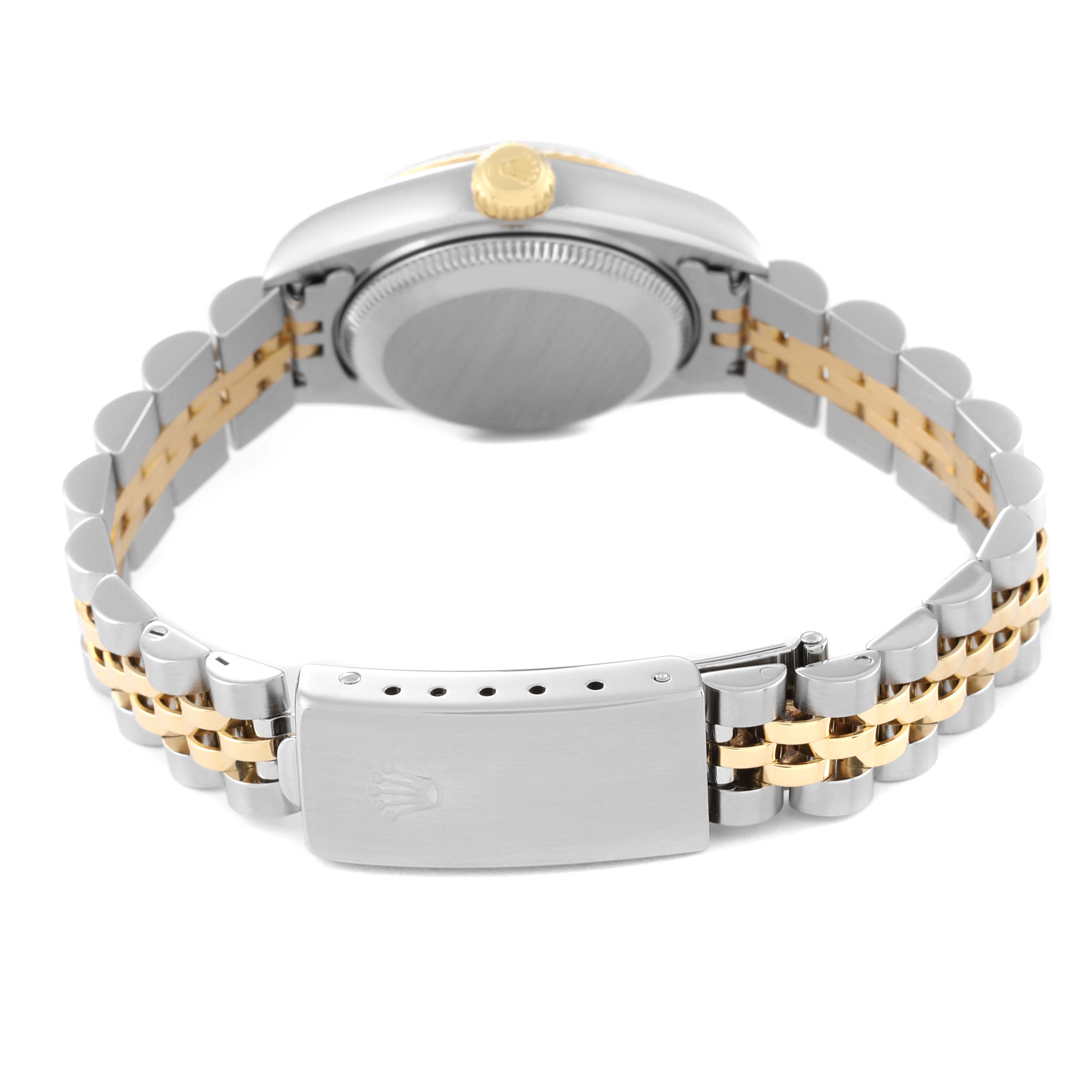 This image shows the back view of a Rolex Datejust 79173 Women's Steel and Gold (two tone) Blue Dial 79173 Women's Steel and Gold (two tone) Blue Dial watch, highlighting the case back, crown, and two-tone metal bracelet with clasp.