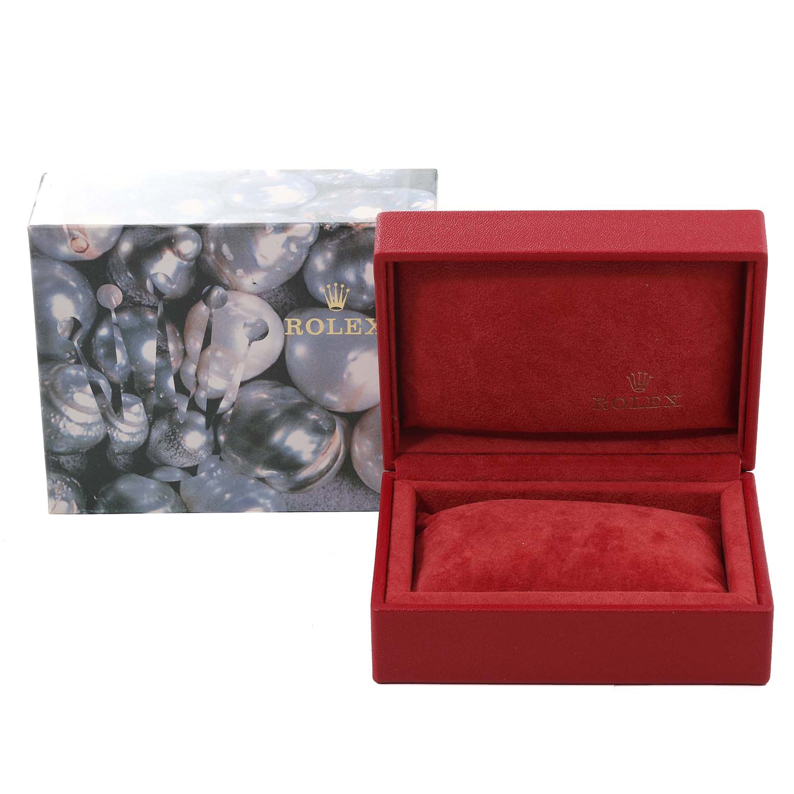 This image shows the packaging of a Rolex Datejust 79173 Women's Steel and Gold (two tone) Blue Dial 79173 Women's Steel and Gold (two tone) Blue Dial watch, comprising an outer box and an open red watch case.