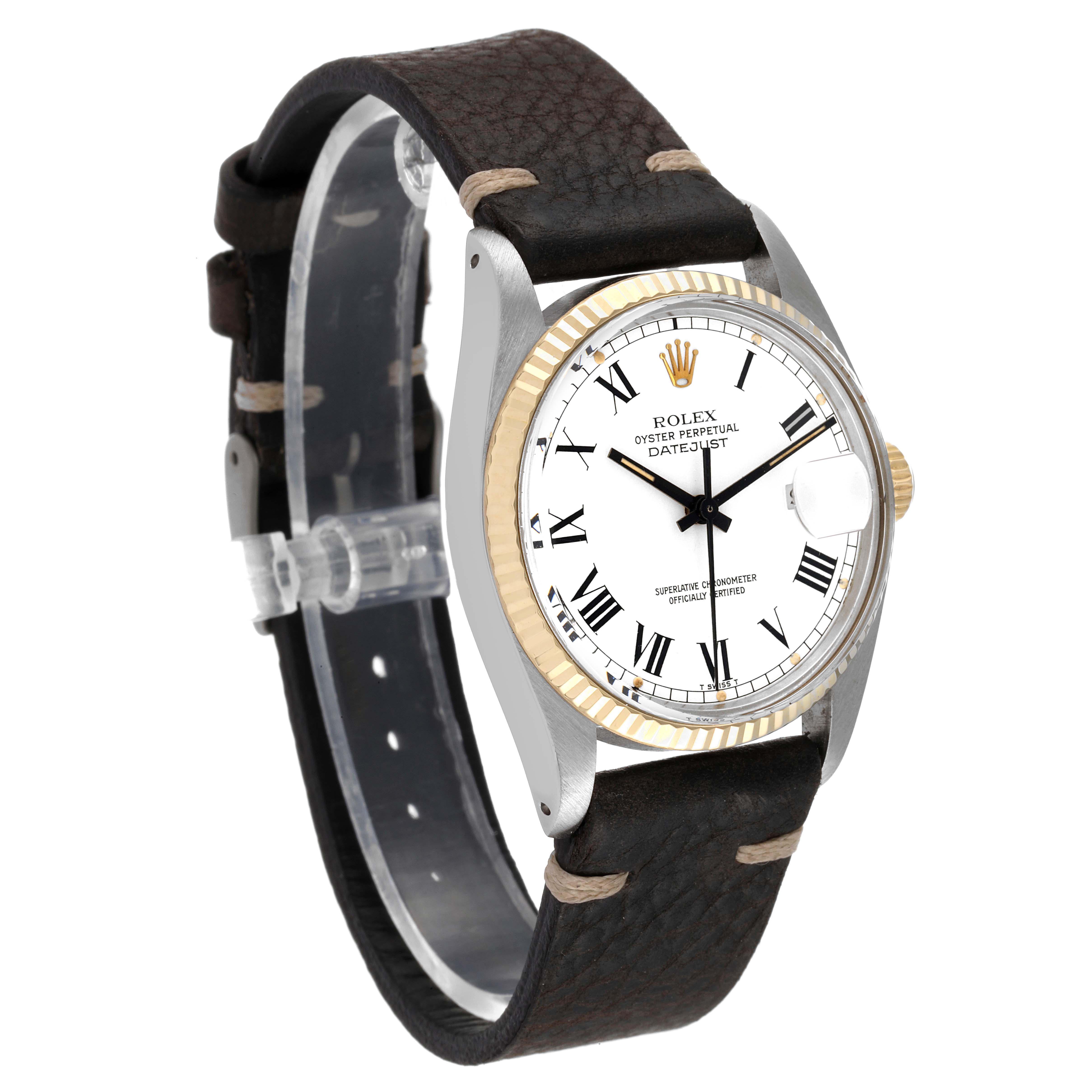 This Rolex Vintage Collection 16013 Men's Stainless Steel White Dial 16013 Men's Stainless Steel White Dial watch is shown at a front-angle view, highlighting the face, bezel, and leather strap.