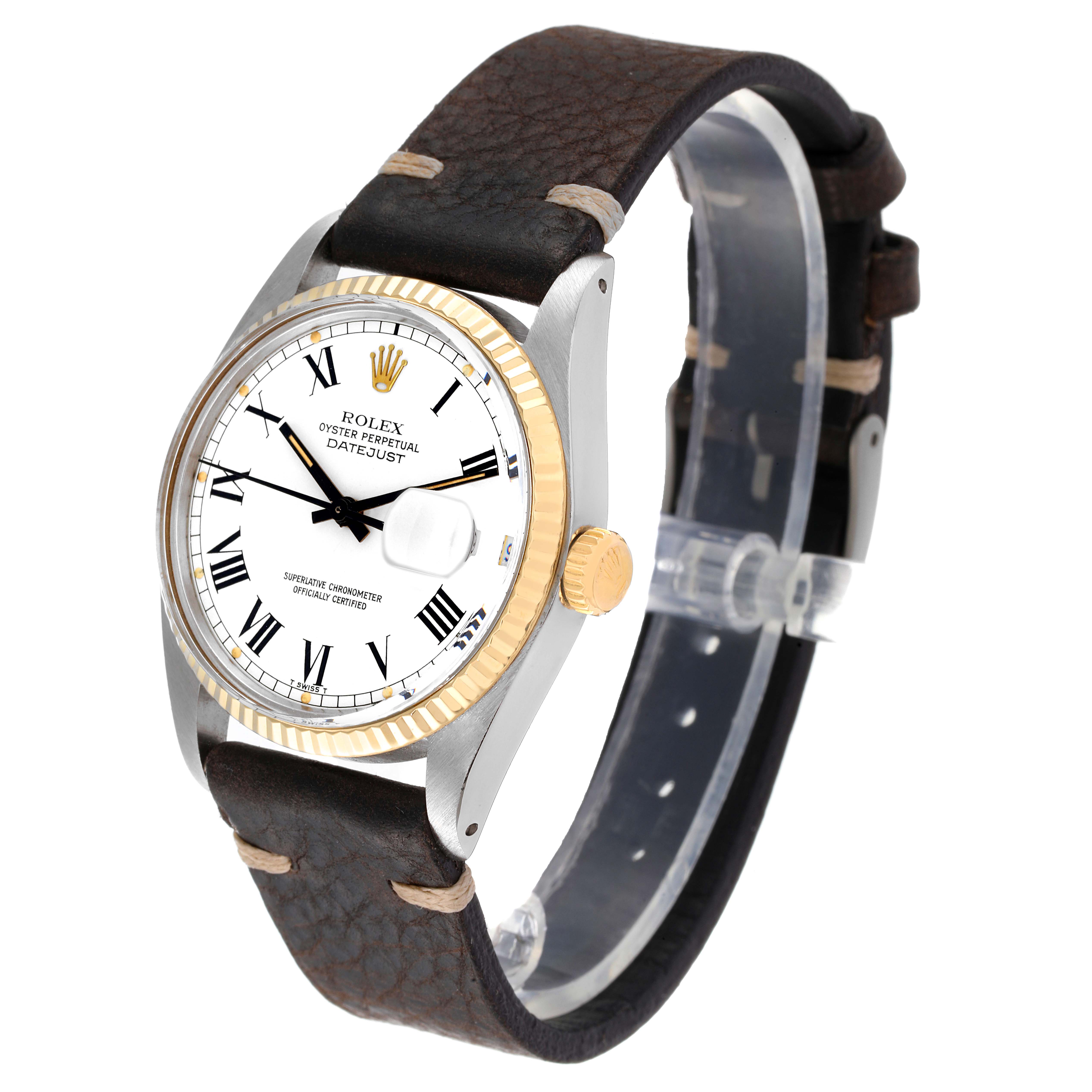 This image shows a Vintage Collection Rolex watch at a three-quarter angle, highlighting the face, bezel, crown, and leather strap.