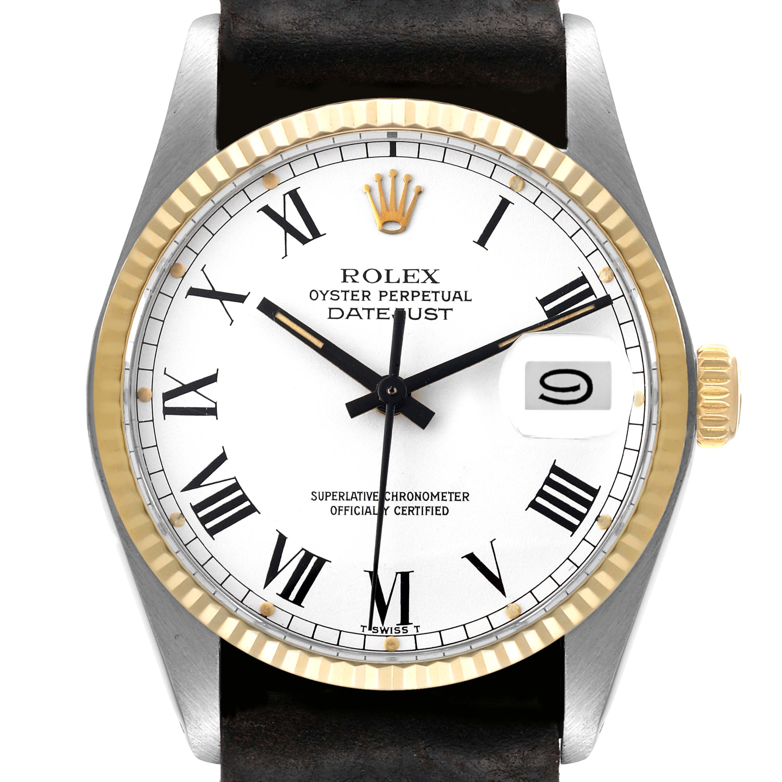 This image shows a front view of a Rolex Vintage Collection 16013 Men's Stainless Steel White Dial 16013 Men's Stainless Steel White Dial Oyster Perpetual Datejust, highlighting its dial, bezel, and crown.