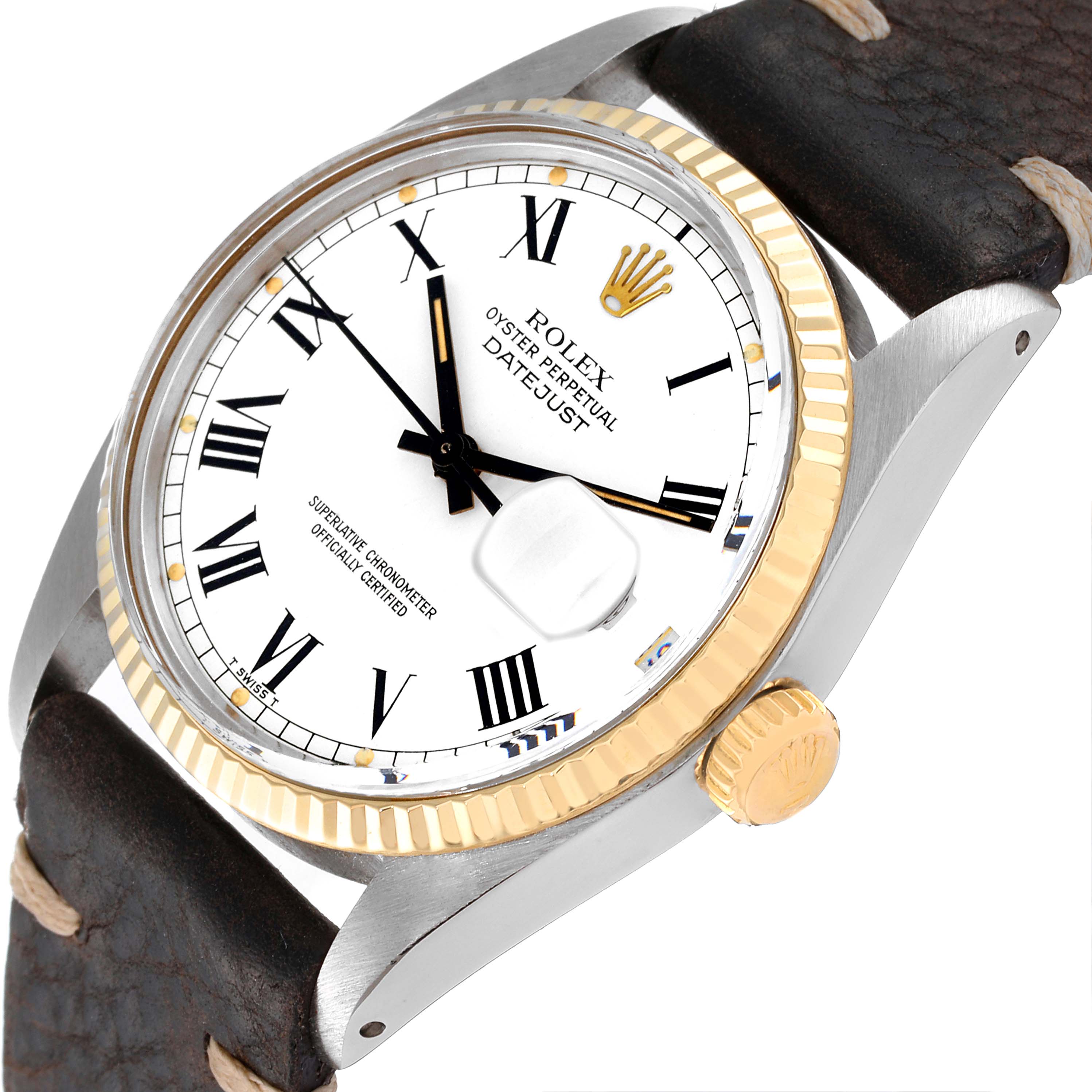 The Rolex Vintage Collection 16013 Men's Stainless Steel White Dial 16013 Men's Stainless Steel White Dial watch model is depicted at a slight angle, showcasing its face, bezel, crown, and leather strap.