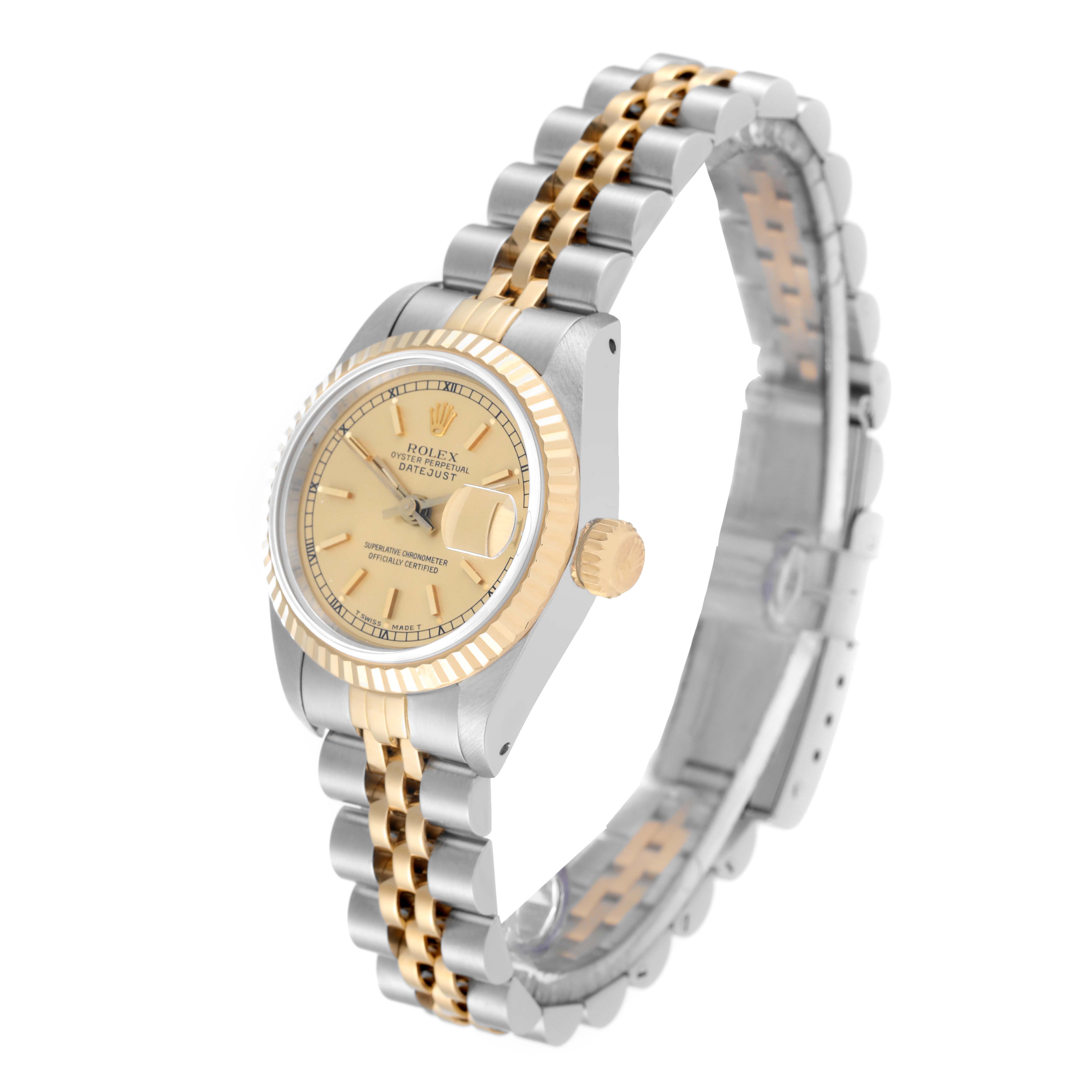 The image shows a side-angled view of a Rolex Datejust 69173 Women's Steel and Gold (two tone) Champagne Dial 69173 Women's Steel and Gold (two tone) Champagne Dial watch, clearly displaying the bezel, dial, crown, and two-tone bracelet.