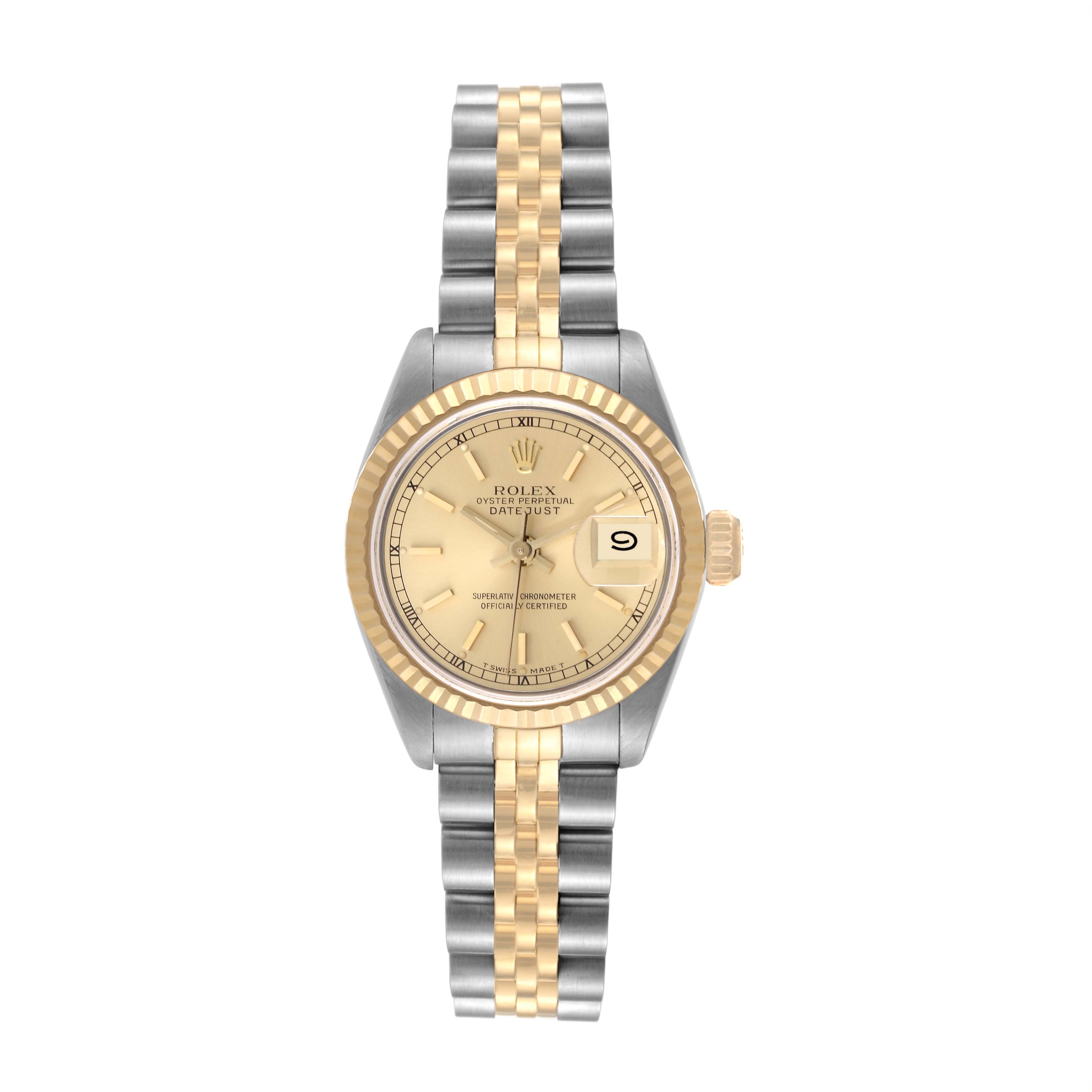 The image shows a Rolex Datejust 69173 Women's Steel and Gold (two tone) Champagne Dial 69173 Women's Steel and Gold (two tone) Champagne Dial watch from a front angle, highlighting the dial, bezel, and bracelet.