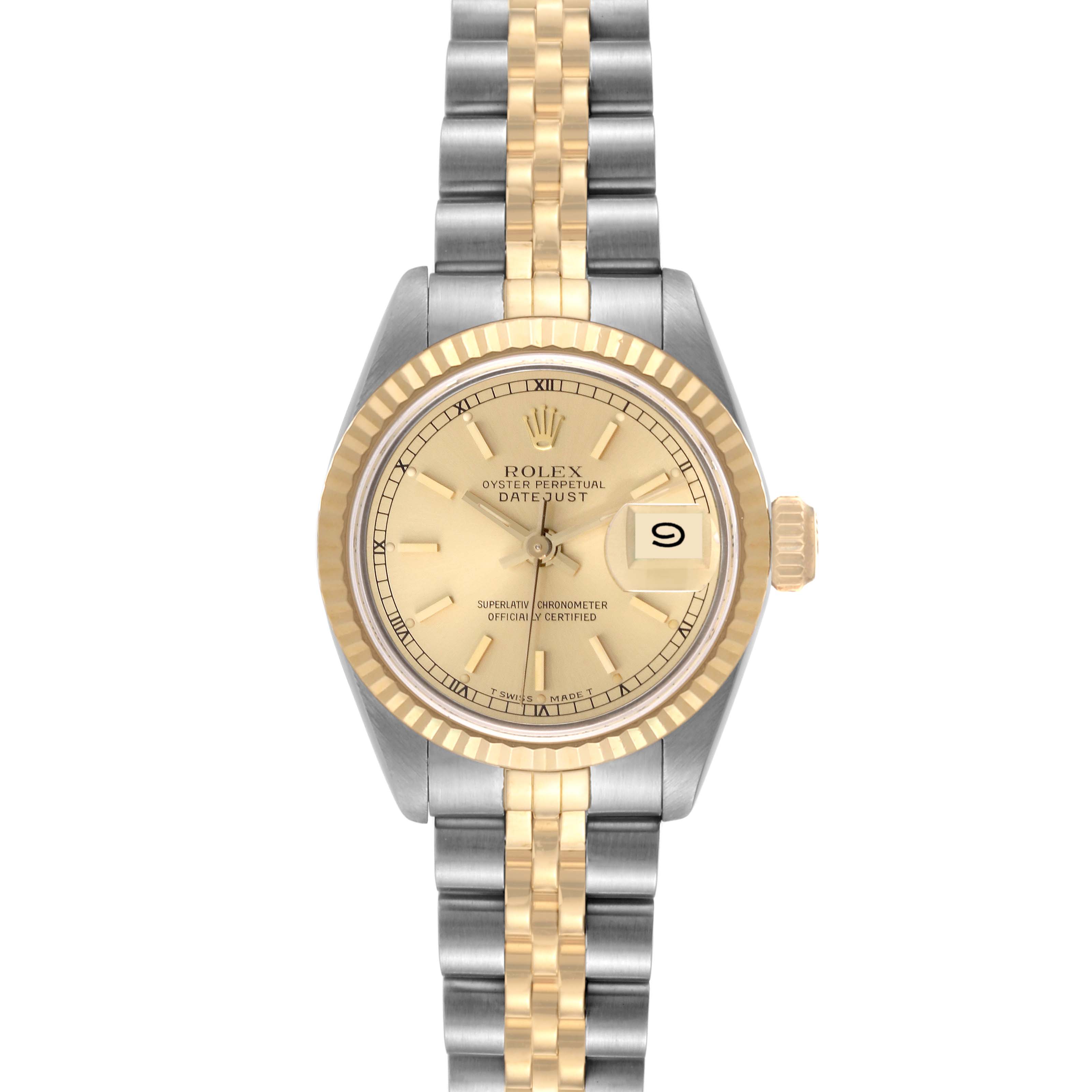 This image shows a frontal view of the Rolex Datejust 69173 Women's Steel and Gold (two tone) Champagne Dial 69173 Women's Steel and Gold (two tone) Champagne Dial watch, displaying the dial, bezel, crown, and bracelet.
