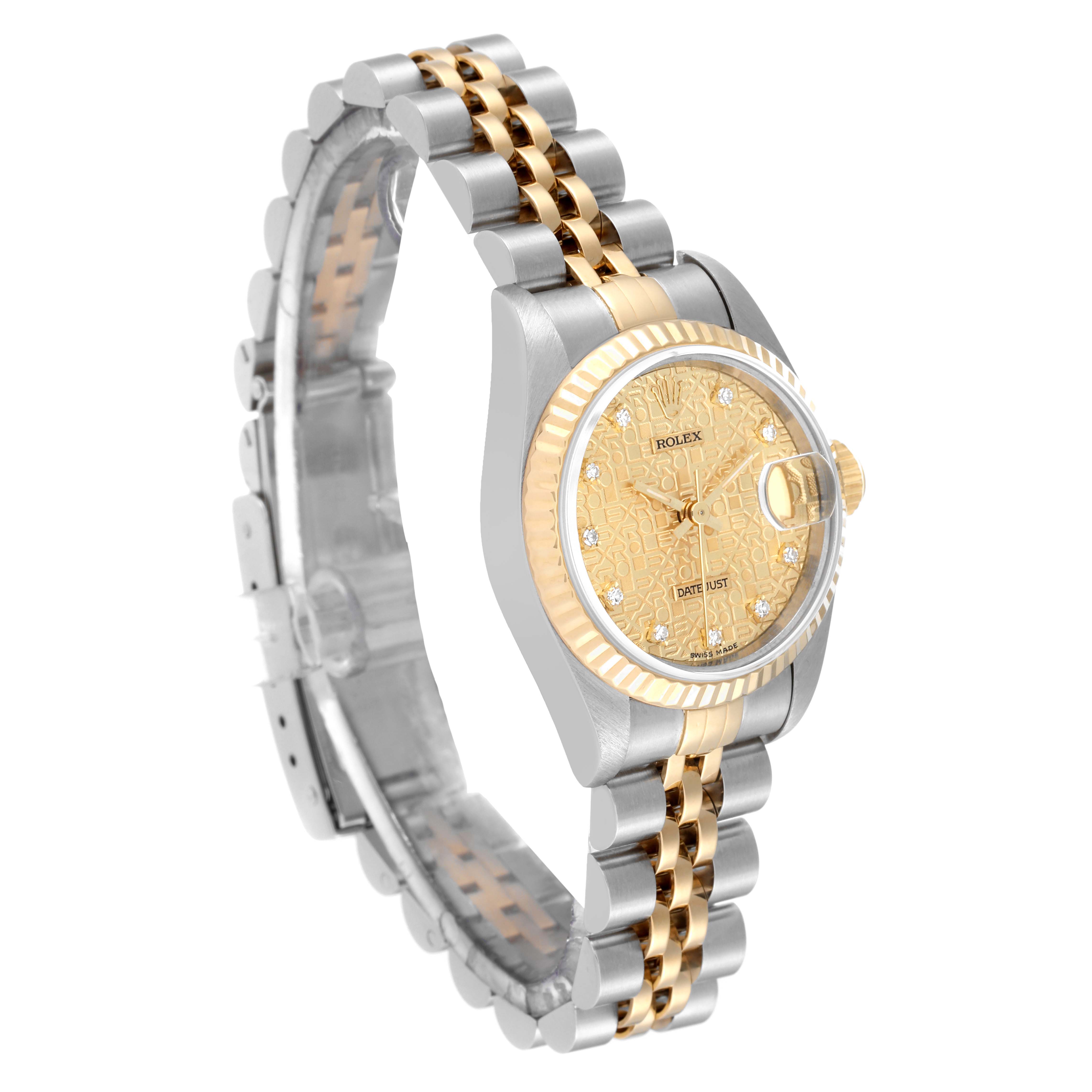 This image shows a Rolex Datejust 69173 Women's Steel and Gold (two tone) Champagne Dial 69173 Women's Steel and Gold (two tone) Champagne Dial watch from an angled side view, showcasing the dial, bezel, and two-tone bracelet.