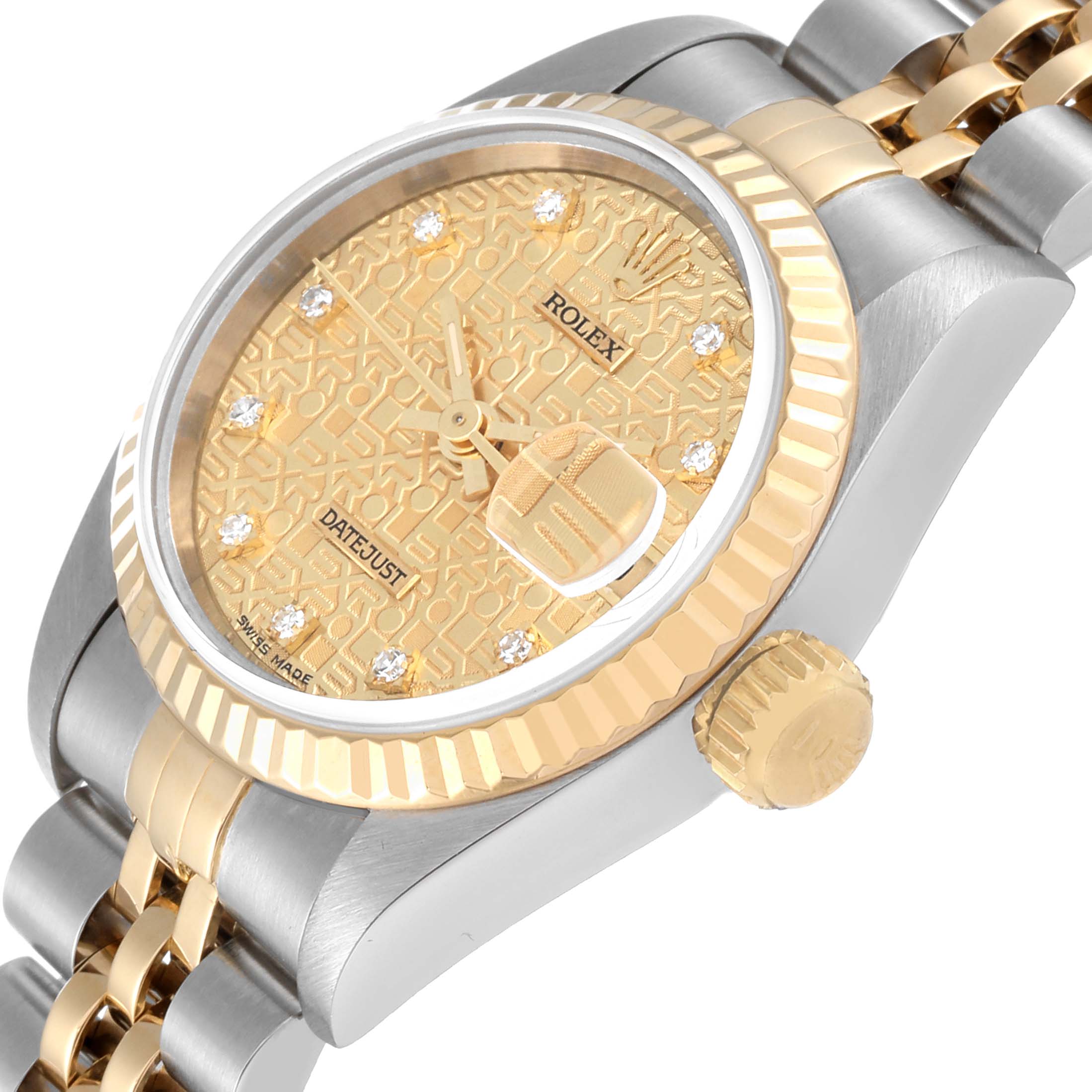 The image shows a close-up angled view of the Rolex Datejust 69173 Women's Steel and Gold (two tone) Champagne Dial 69173 Women's Steel and Gold (two tone) Champagne Dial watch, highlighting the dial, crown, and part of the bracelet.