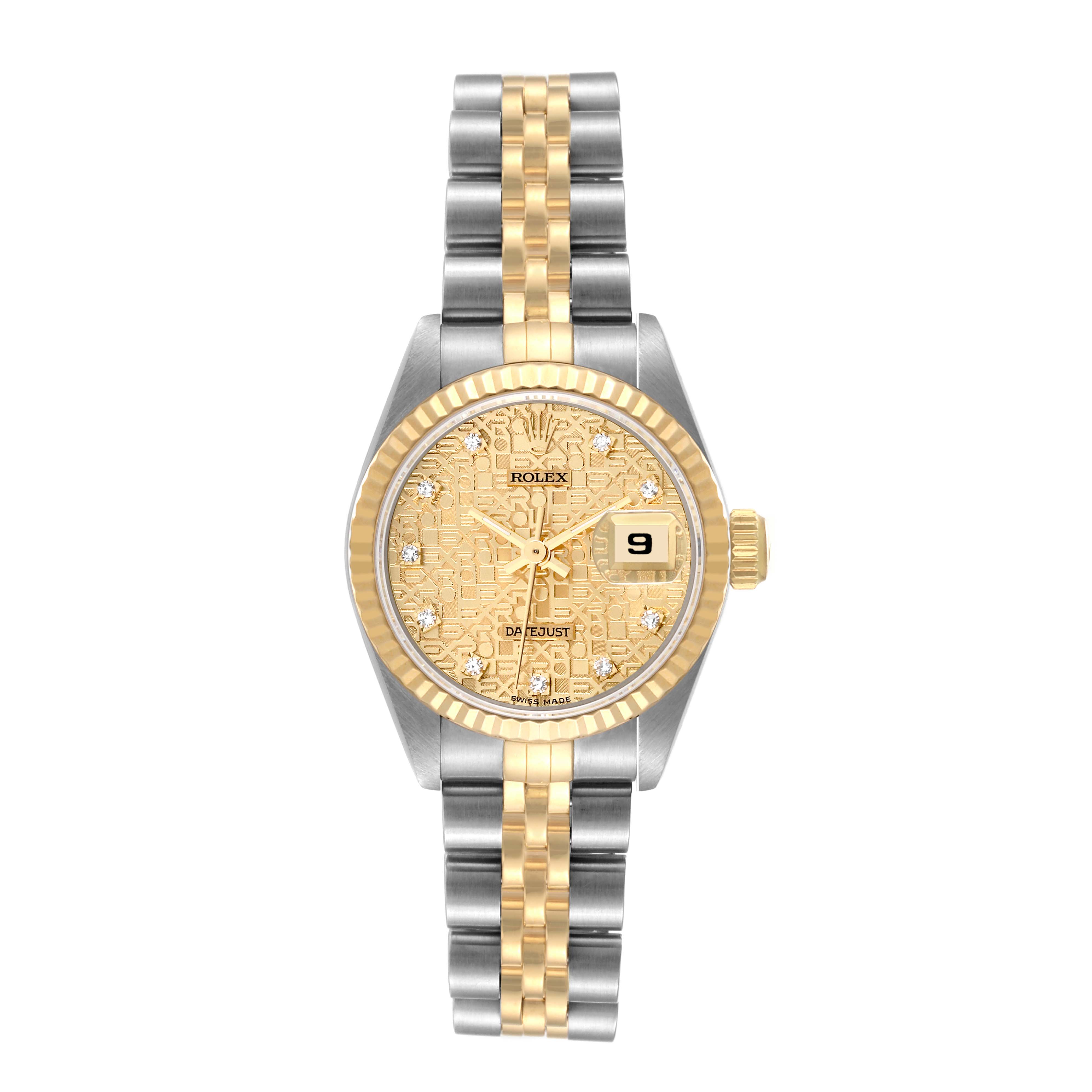 The image shows a front view of a Rolex Datejust 69173 Women's Steel and Gold (two tone) Champagne Dial 69173 Women's Steel and Gold (two tone) Champagne Dial watch with a gold and silver bracelet and a gold dial with diamond markers.