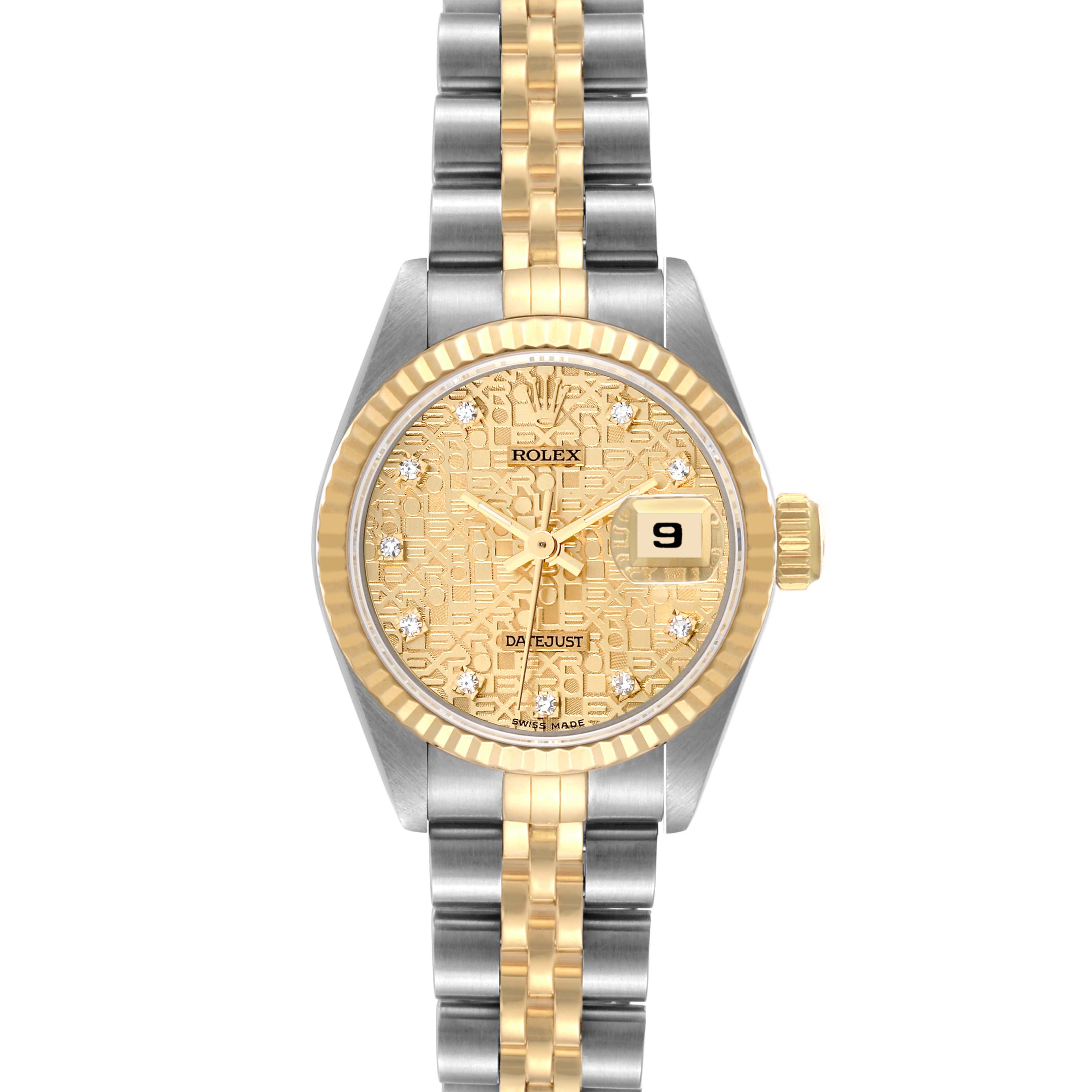 The image shows a full front view of the Rolex Datejust 69173 Women's Steel and Gold (two tone) Champagne Dial 69173 Women's Steel and Gold (two tone) Champagne Dial watch with a two-tone metal band and a gold dial.