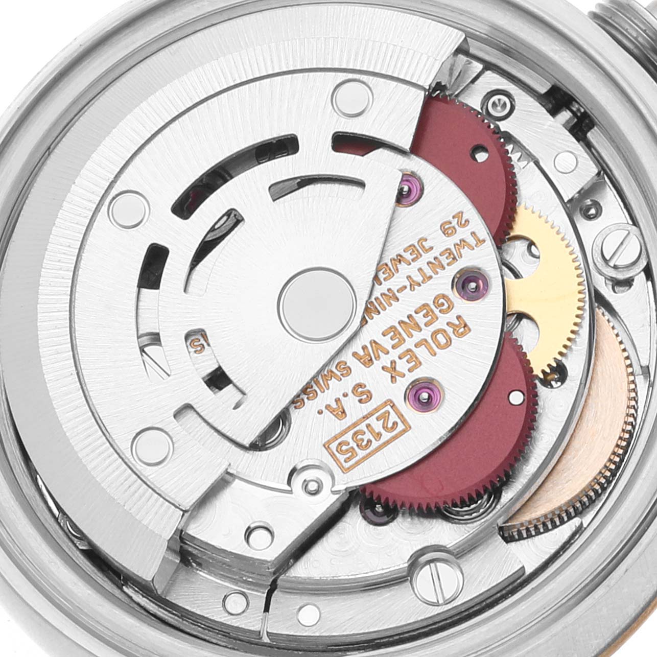 The image shows a close-up view of the mechanical movement parts inside a Rolex Datejust 69173 Women's Steel and Gold (two tone) Champagne Dial 69173 Women's Steel and Gold (two tone) Champagne Dial watch.