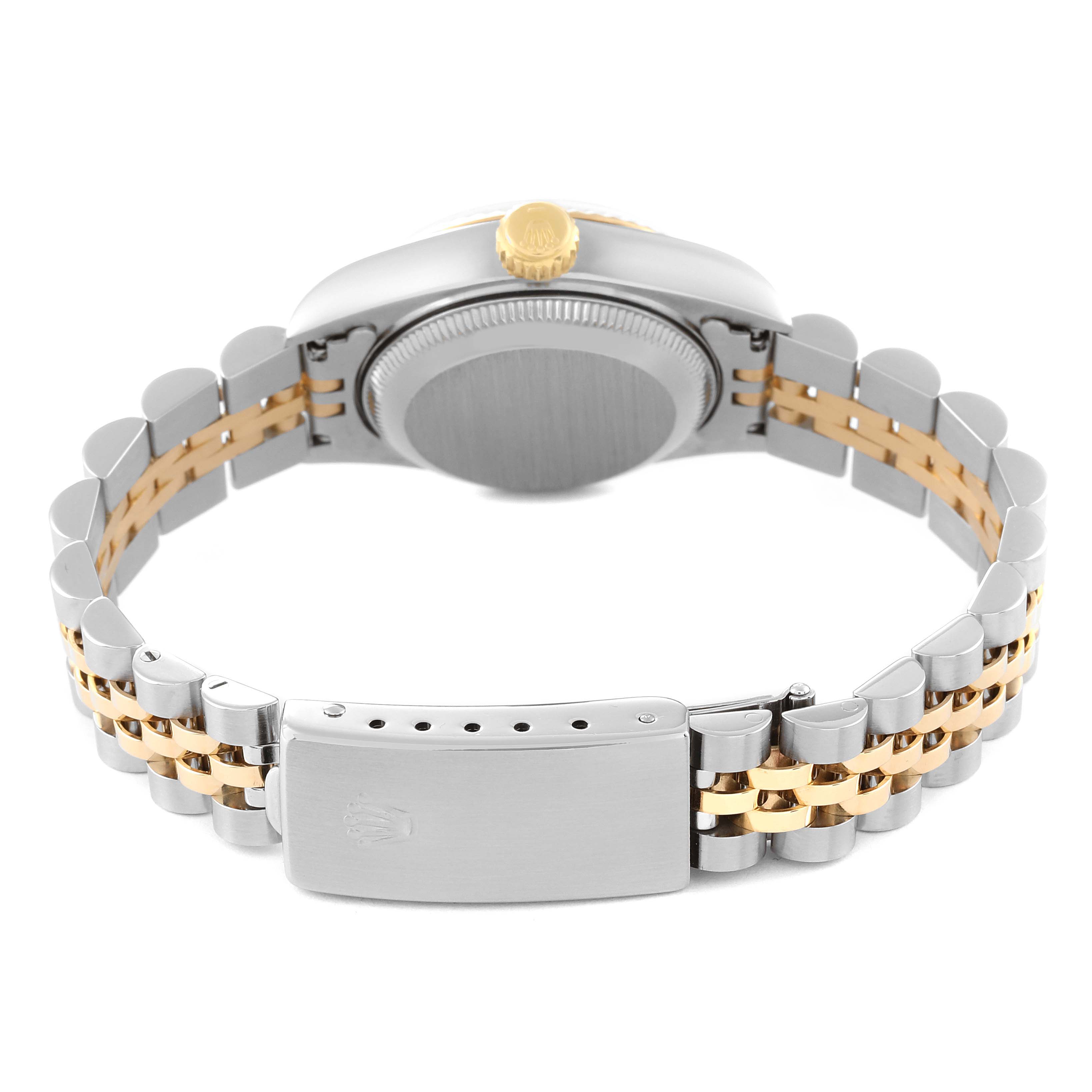 This image shows the back angle of a Rolex Datejust 69173 Women's Steel and Gold (two tone) Champagne Dial 69173 Women's Steel and Gold (two tone) Champagne Dial watch, highlighting the bracelet and clasp.