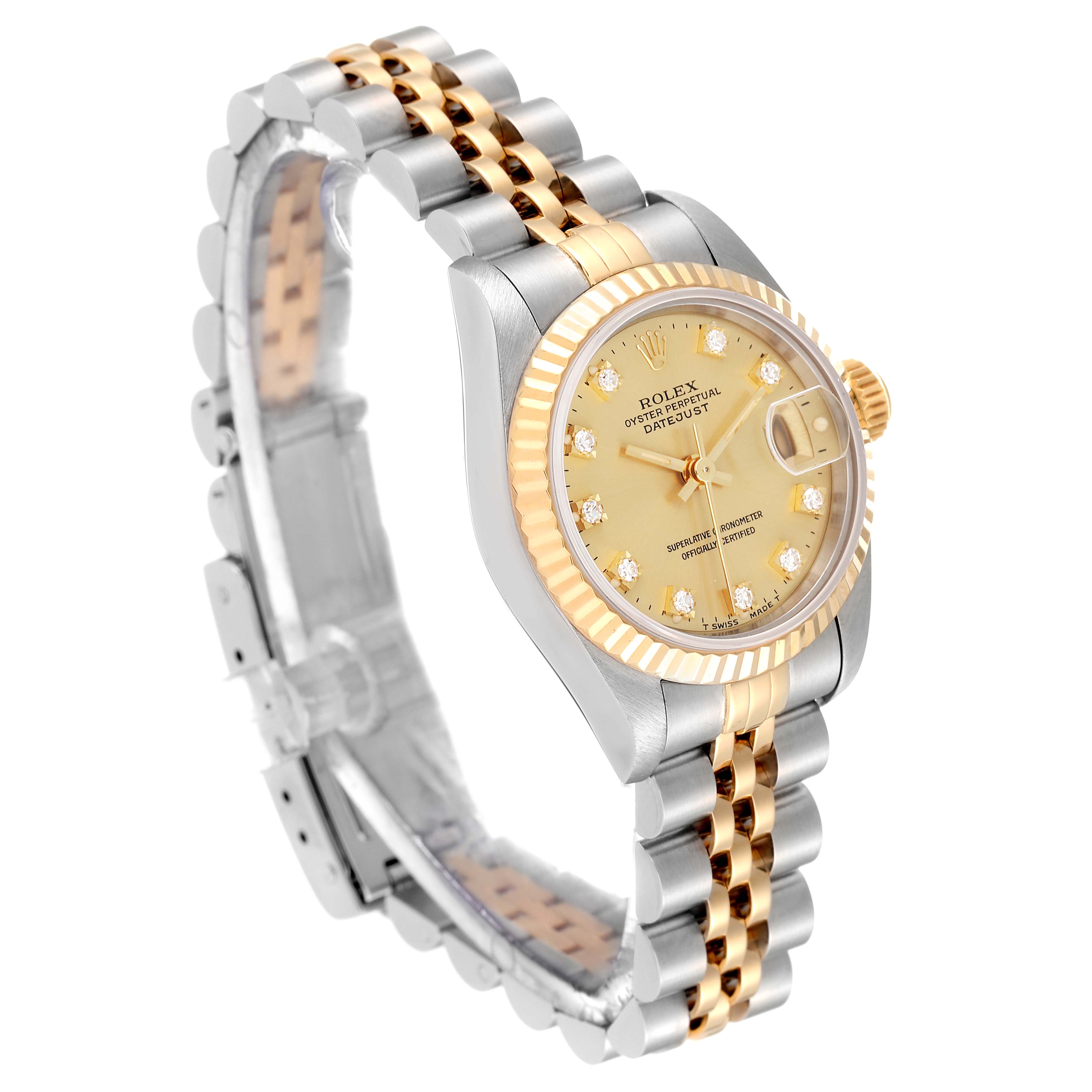 The image shows a Rolex Datejust 69173 Women's Steel and Gold (two tone) Champagne Dial 69173 Women's Steel and Gold (two tone) Champagne Dial watch at an oblique angle, highlighting its two-tone bracelet, gold fluted bezel, and diamond-set dial.