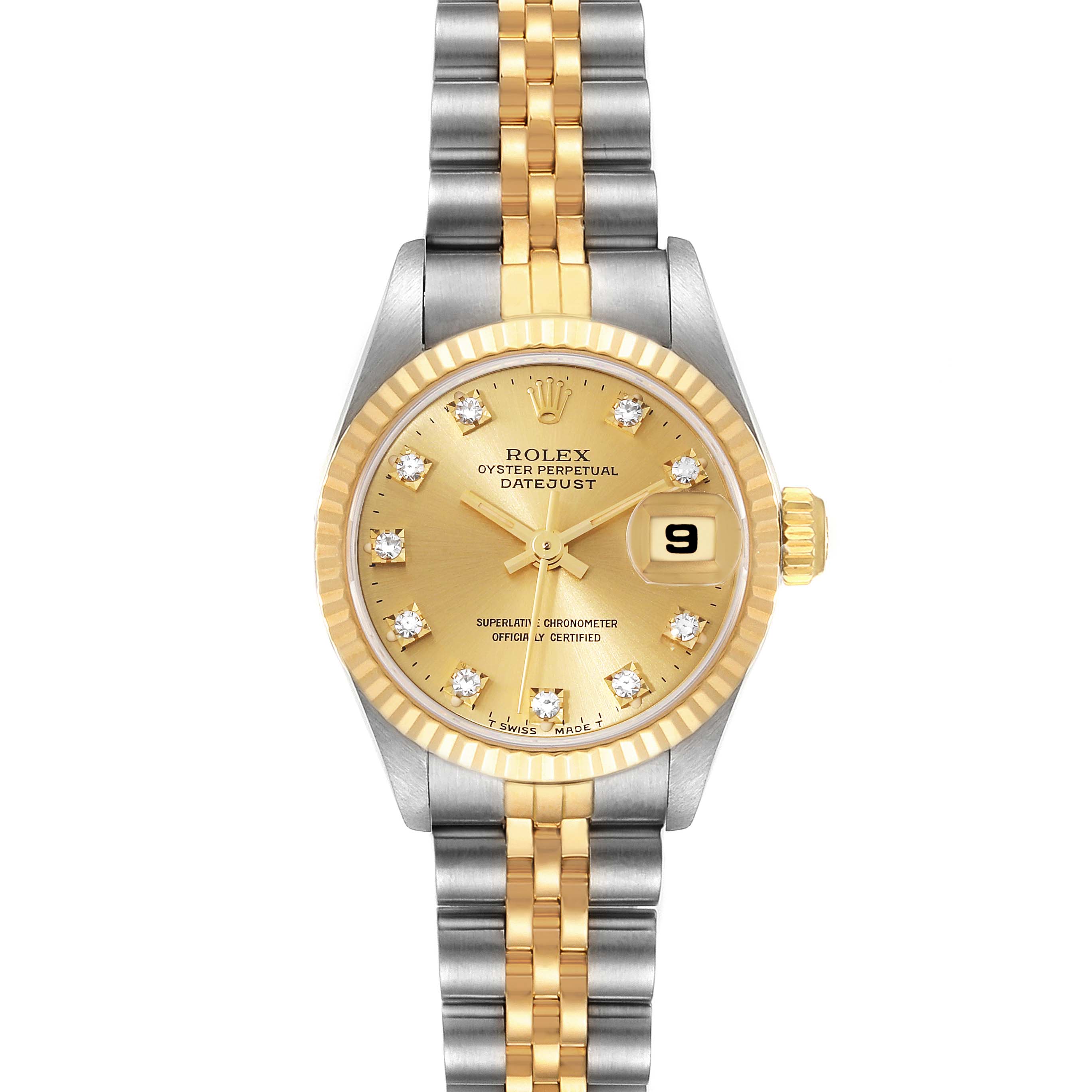 The image shows a front view of a Rolex Datejust 69173 Women's Steel and Gold (two tone) Champagne Dial 69173 Women's Steel and Gold (two tone) Champagne Dial watch, detailing its dial, bezel, and two-tone bracelet.