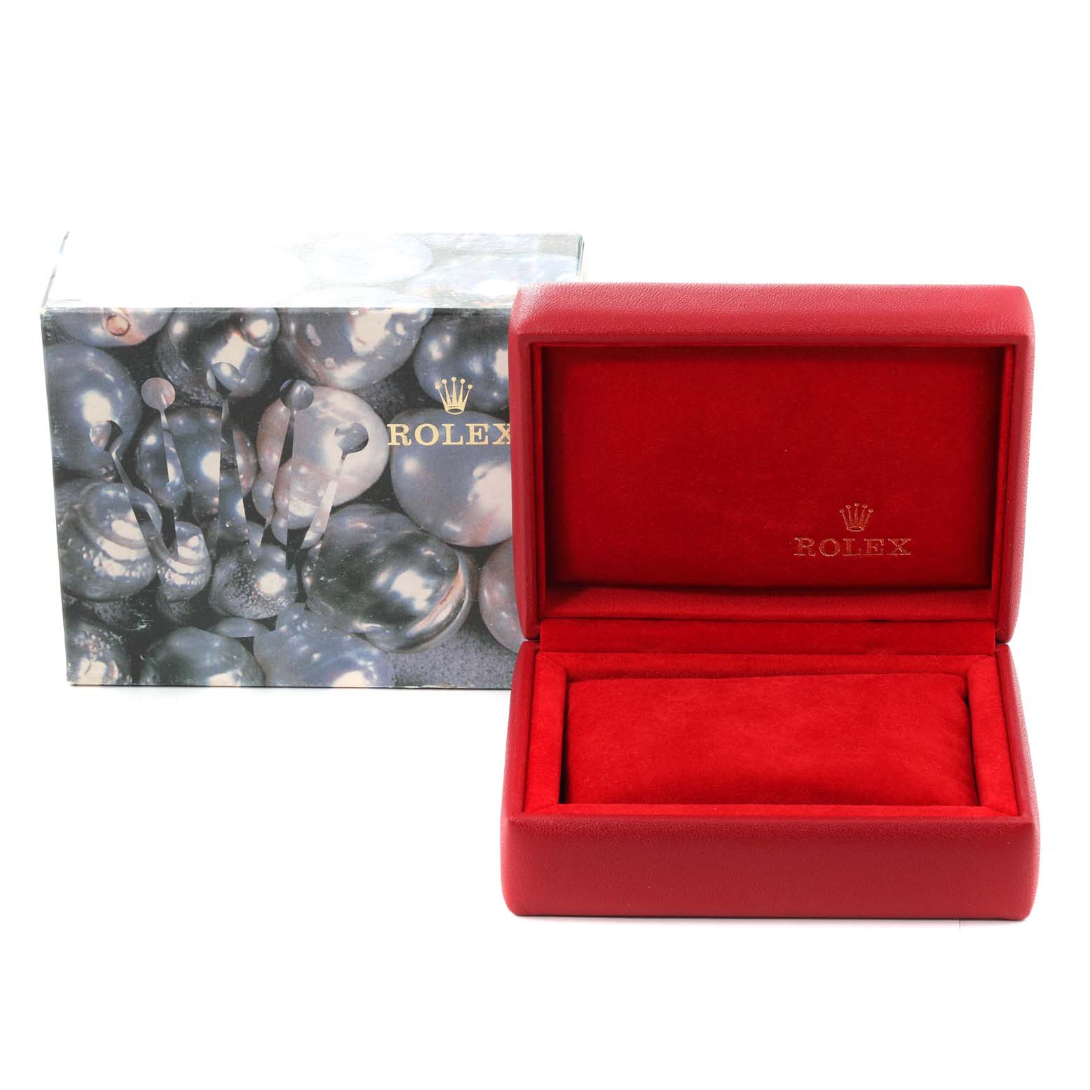 The image shows a Rolex Datejust 69173 Women's Steel and Gold (two tone) Champagne Dial 69173 Women's Steel and Gold (two tone) Champagne Dial watch box and packaging, including an open red interior case and an outer box with a decorative design.