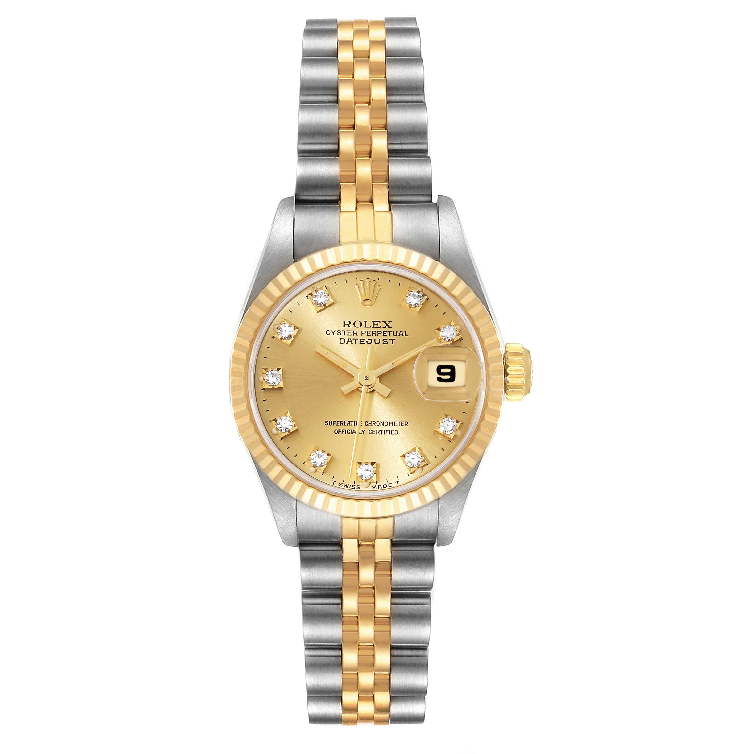 The image shows a front view of the Rolex Datejust 69173 Women's Steel and Gold (two tone) Champagne Dial 69173 Women's Steel and Gold (two tone) Champagne Dial watch, highlighting its gold dial, date window, and two-tone bracelet.
