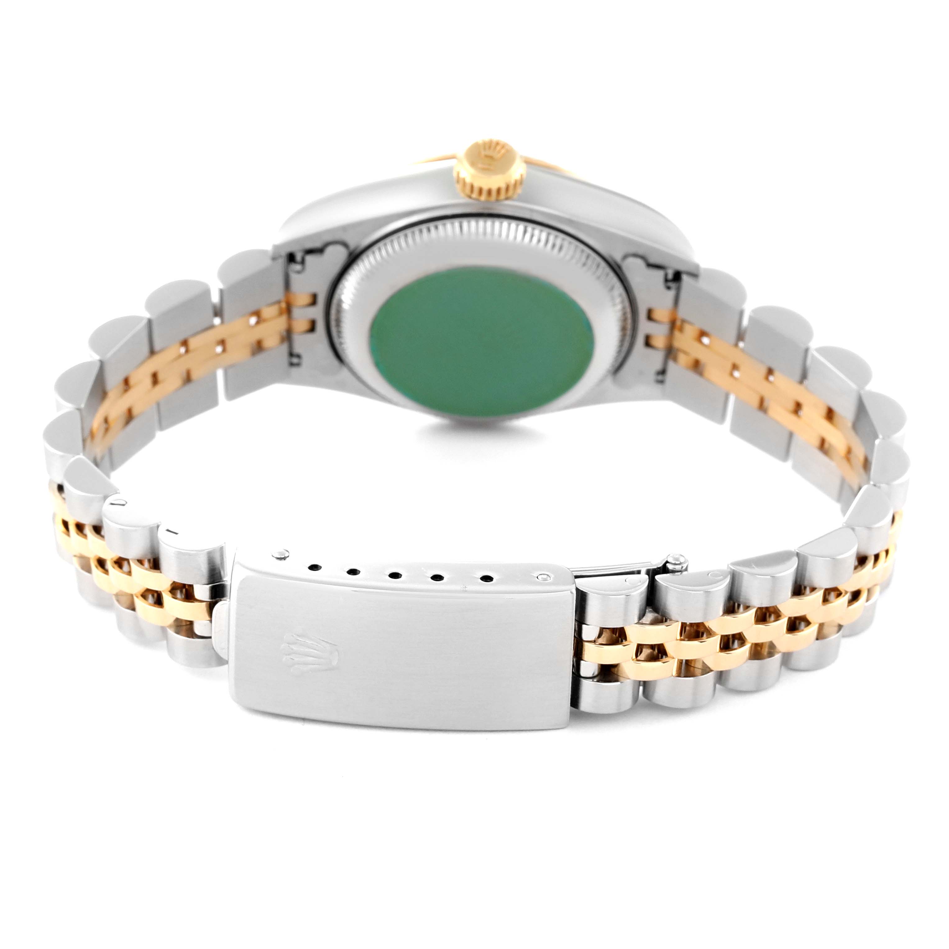 This image shows the back view and bracelet of a Rolex Datejust 69173 Women's Steel and Gold (two tone) Champagne Dial 69173 Women's Steel and Gold (two tone) Champagne Dial watch displaying its clasp and two-tone metal design.