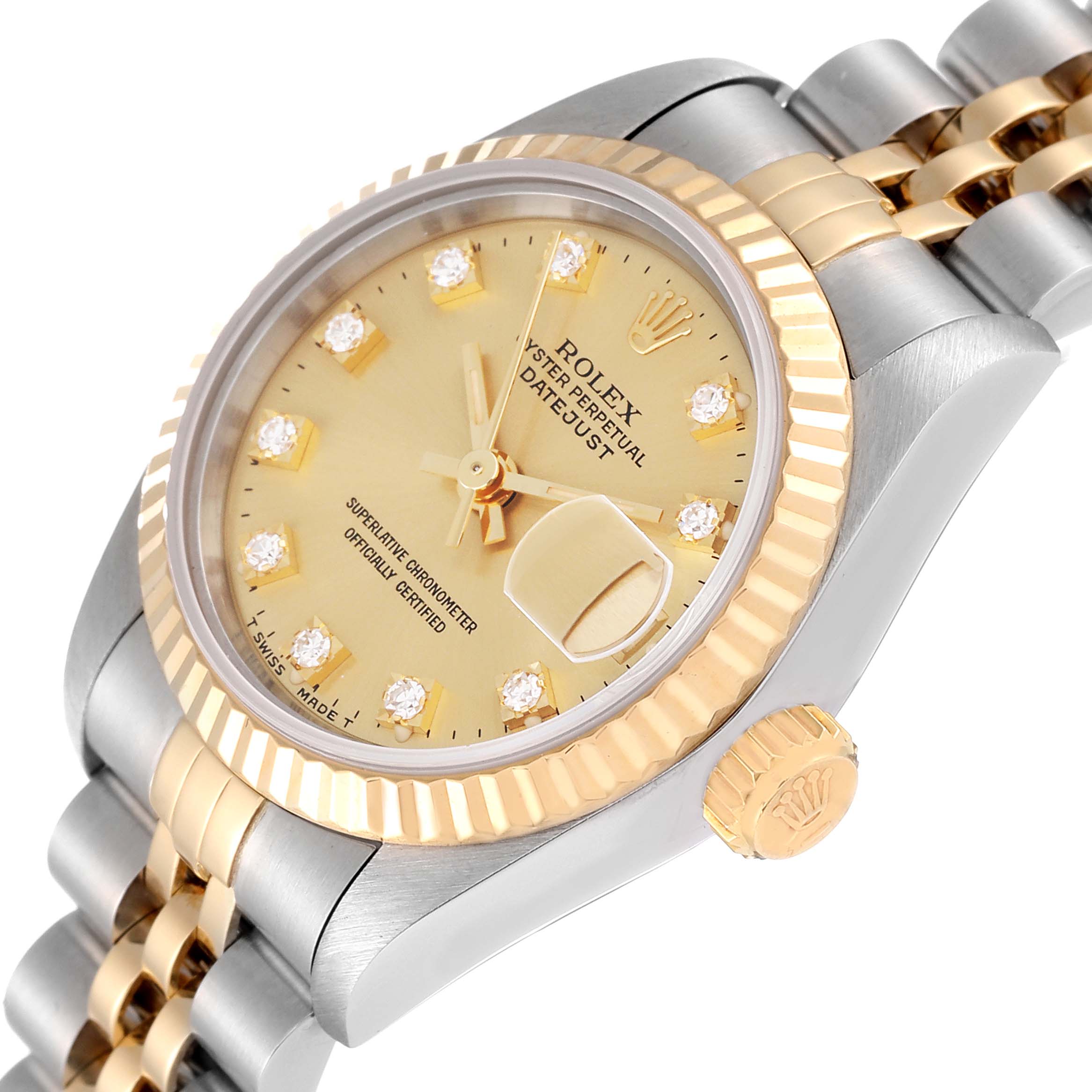 The image shows a close-up, angled view of a Rolex Datejust 69173 Women's Steel and Gold (two tone) Champagne Dial 69173 Women's Steel and Gold (two tone) Champagne Dial watch, highlighting its face, bezel, crown, and part of the bracelet.