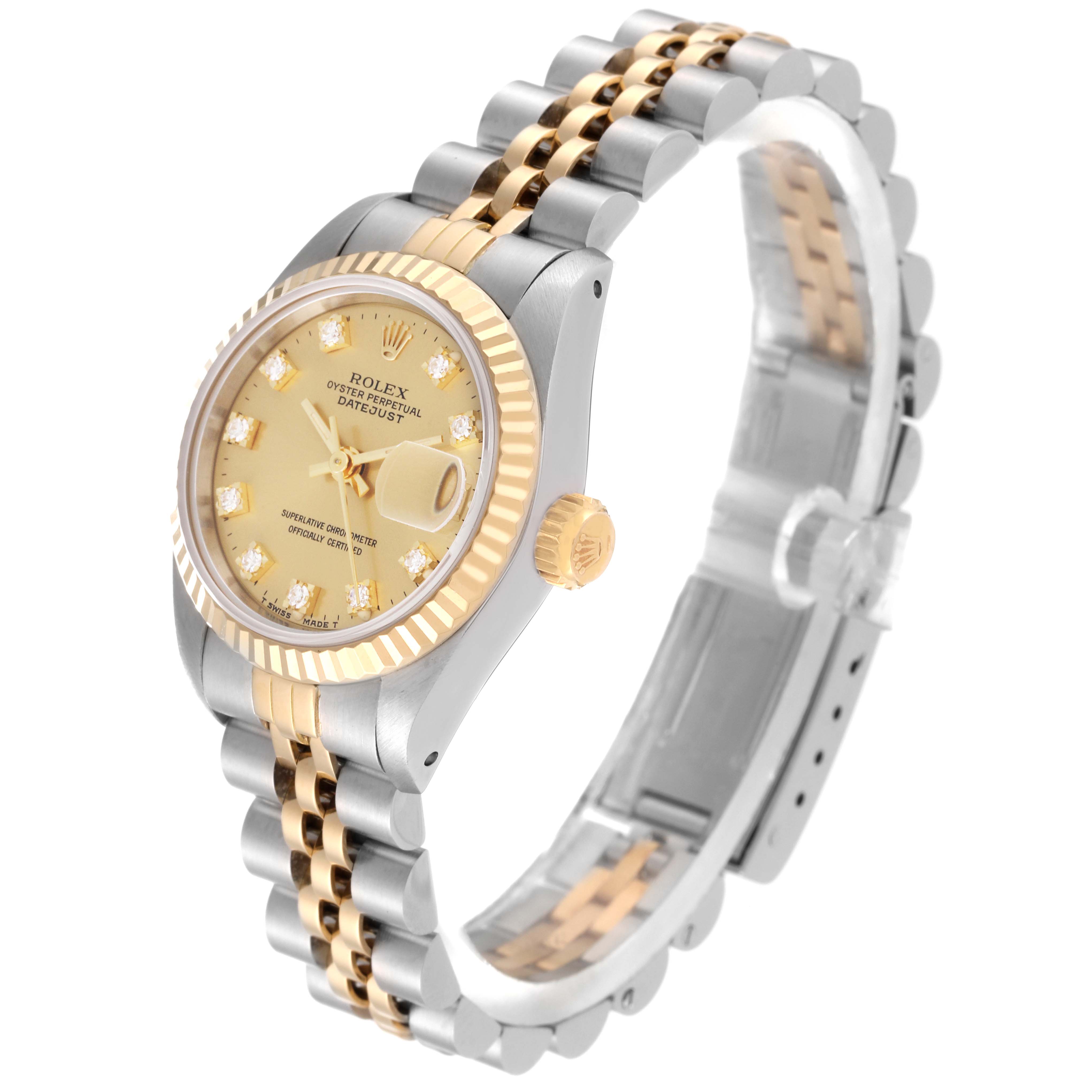 The image shows a side angle of a Rolex Datejust 69173 Women's Steel and Gold (two tone) Champagne Dial 69173 Women's Steel and Gold (two tone) Champagne Dial watch, highlighting the bracelet, crown, and dial.