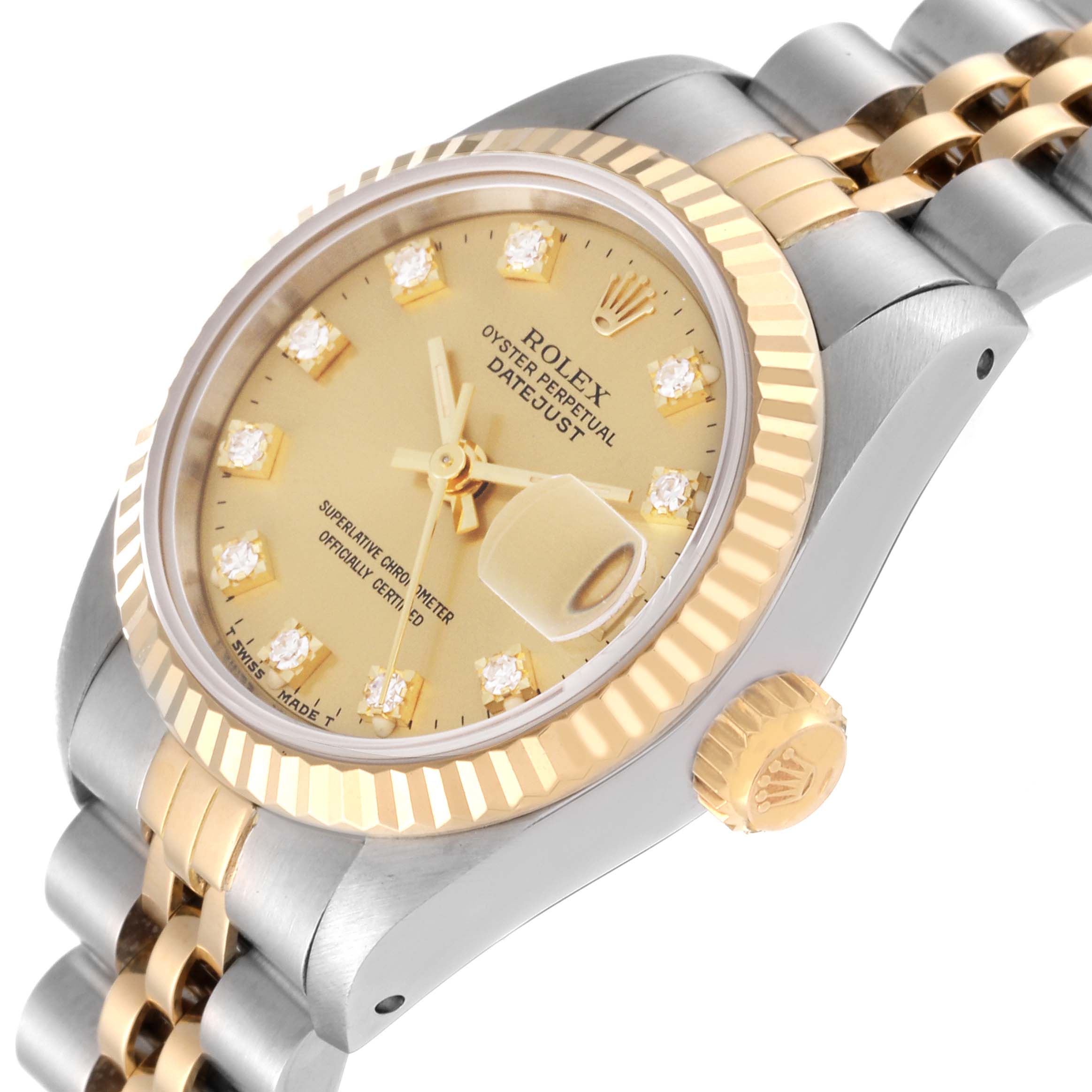The image shows a close-up angled view of a Rolex Datejust 69173 Women's Steel and Gold (two tone) Champagne Dial 69173 Women's Steel and Gold (two tone) Champagne Dial watch, highlighting its bezel, dial, crown, and bracelet.