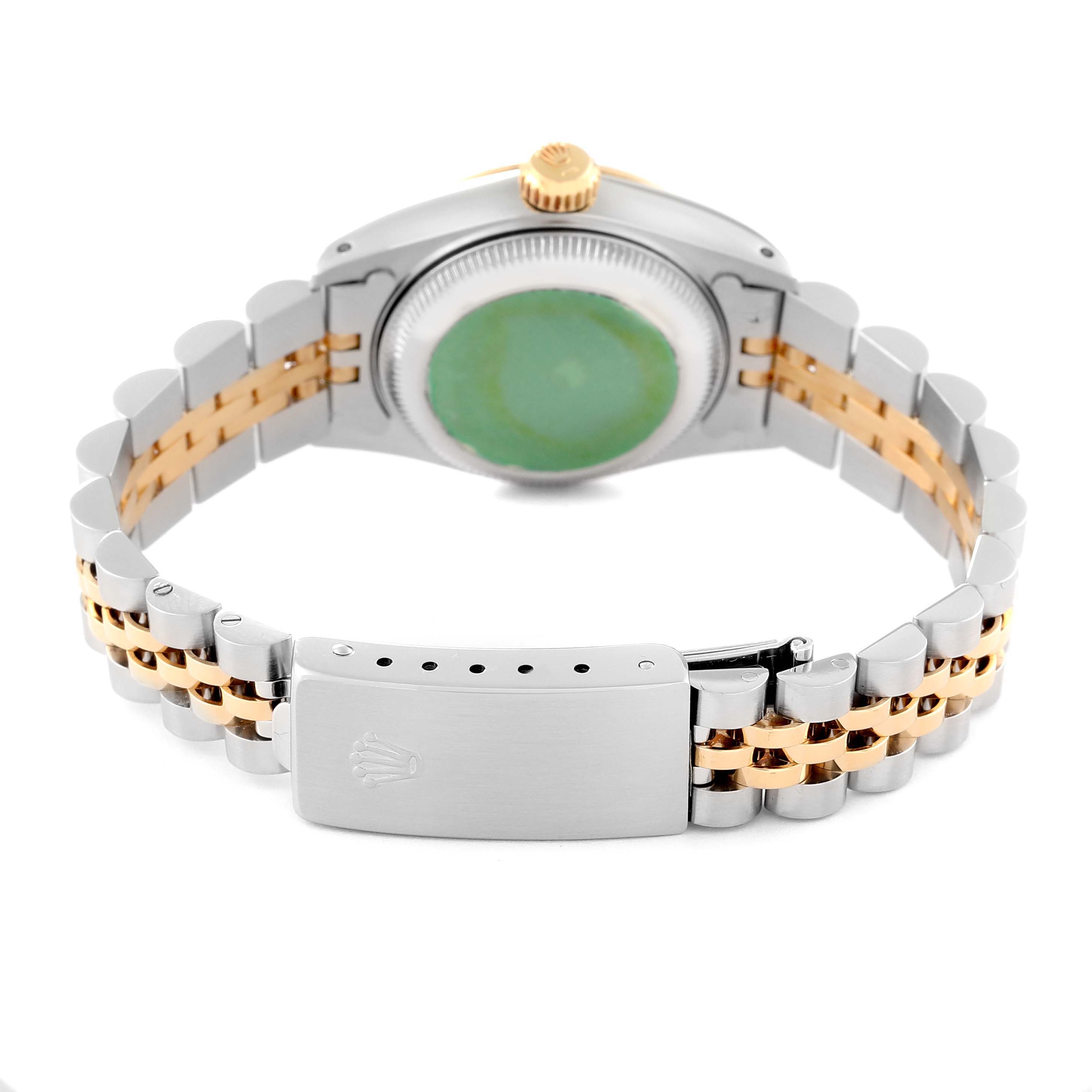 This image shows the back view of a Rolex Datejust 69173 Women's Steel and Gold (two tone) Champagne Dial 69173 Women's Steel and Gold (two tone) Champagne Dial watch, highlighting its clasp and two-tone bracelet.