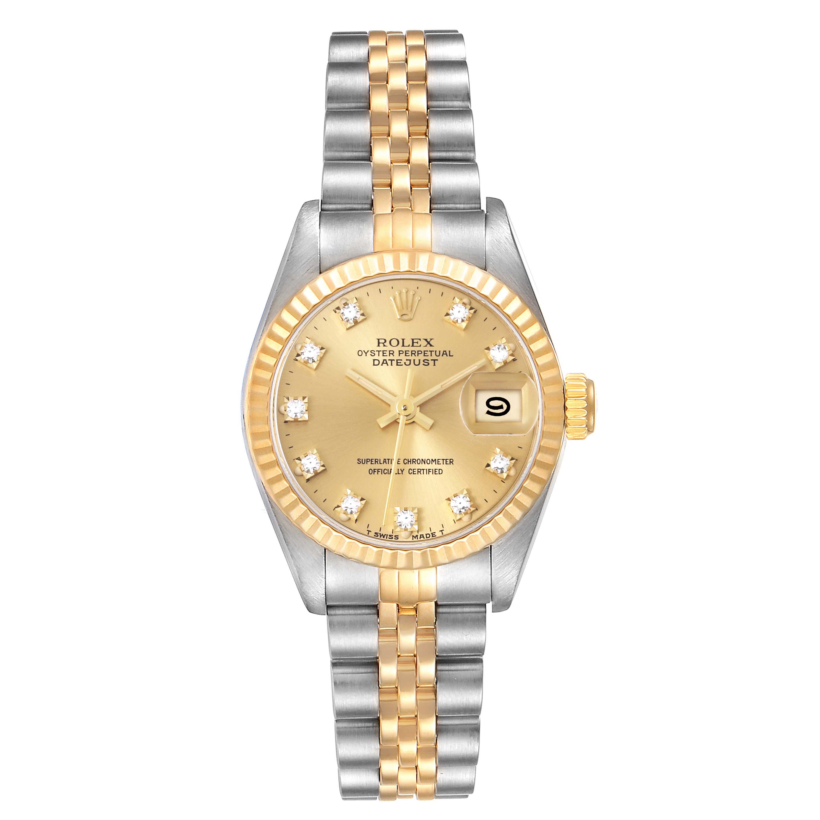 This Rolex Datejust 69173 Women's Steel and Gold (two tone) Champagne Dial 69173 Women's Steel and Gold (two tone) Champagne Dial model is shown from a top-down angle, displaying the watch face, bezel, bracelet, and crown.