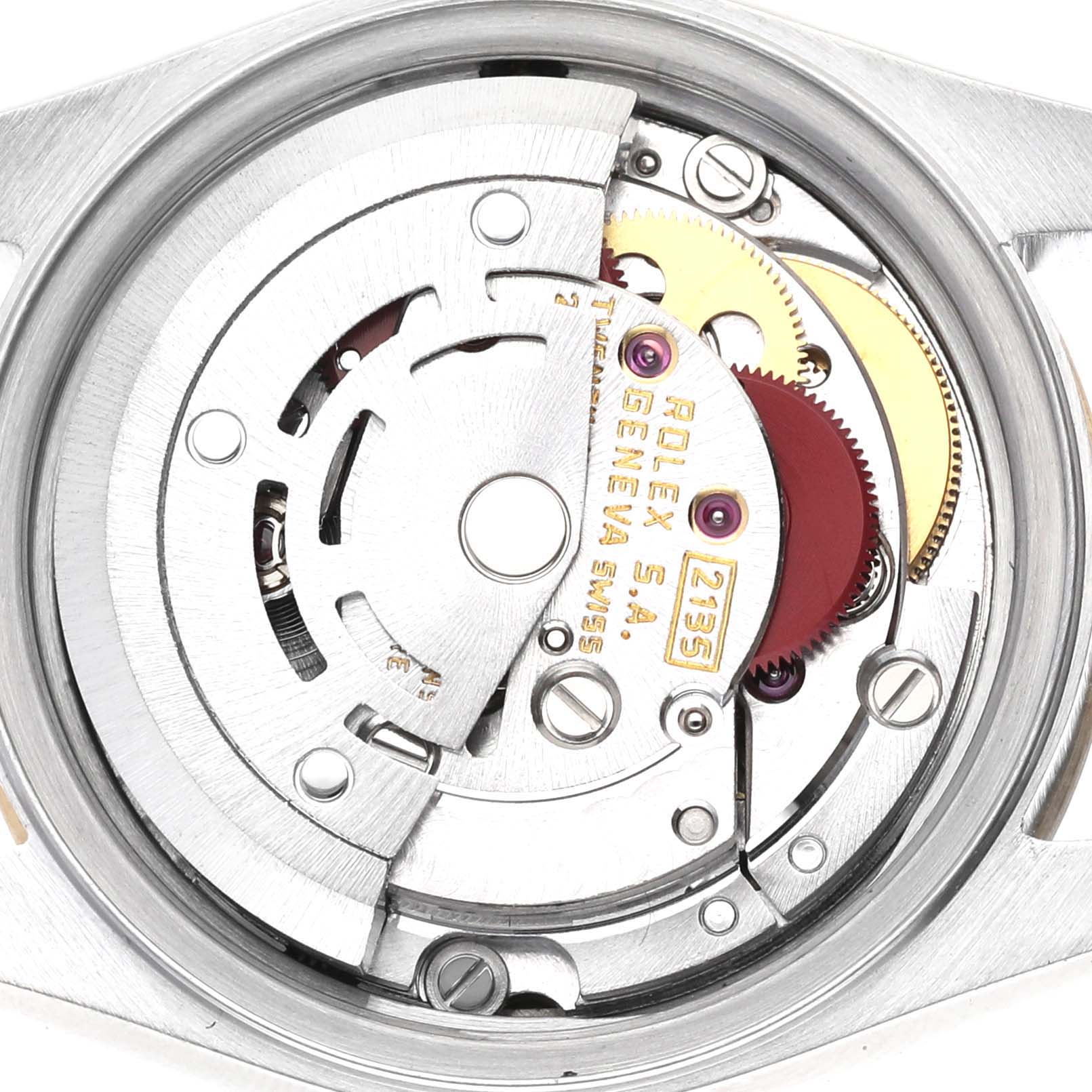 This image shows the internal movement mechanism of a Rolex Datejust 69173 Women's Steel and Gold (two tone) Champagne Dial 69173 Women's Steel and Gold (two tone) Champagne Dial watch at a close-up angle.
