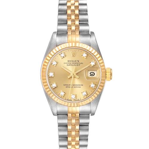 The image shows a front view of a Rolex Datejust watch featuring a gold dial, diamond hour markers, and a two-tone bracelet.