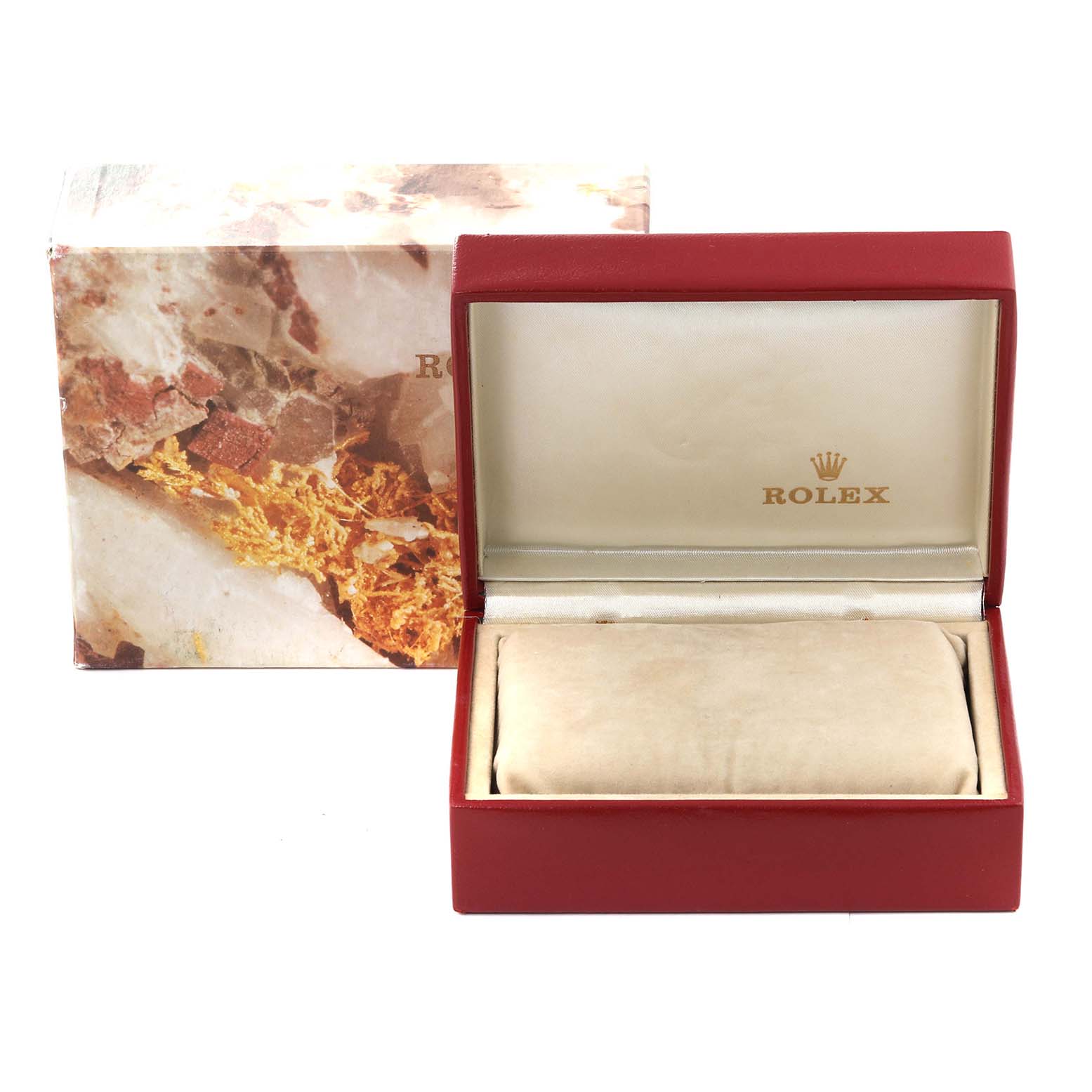 The image shows an open Rolex Datejust 69173 Women's Steel and Gold (two tone) Champagne Dial 69173 Women's Steel and Gold (two tone) Champagne Dial watch box with a cushion inside and the outer packaging visible behind it.