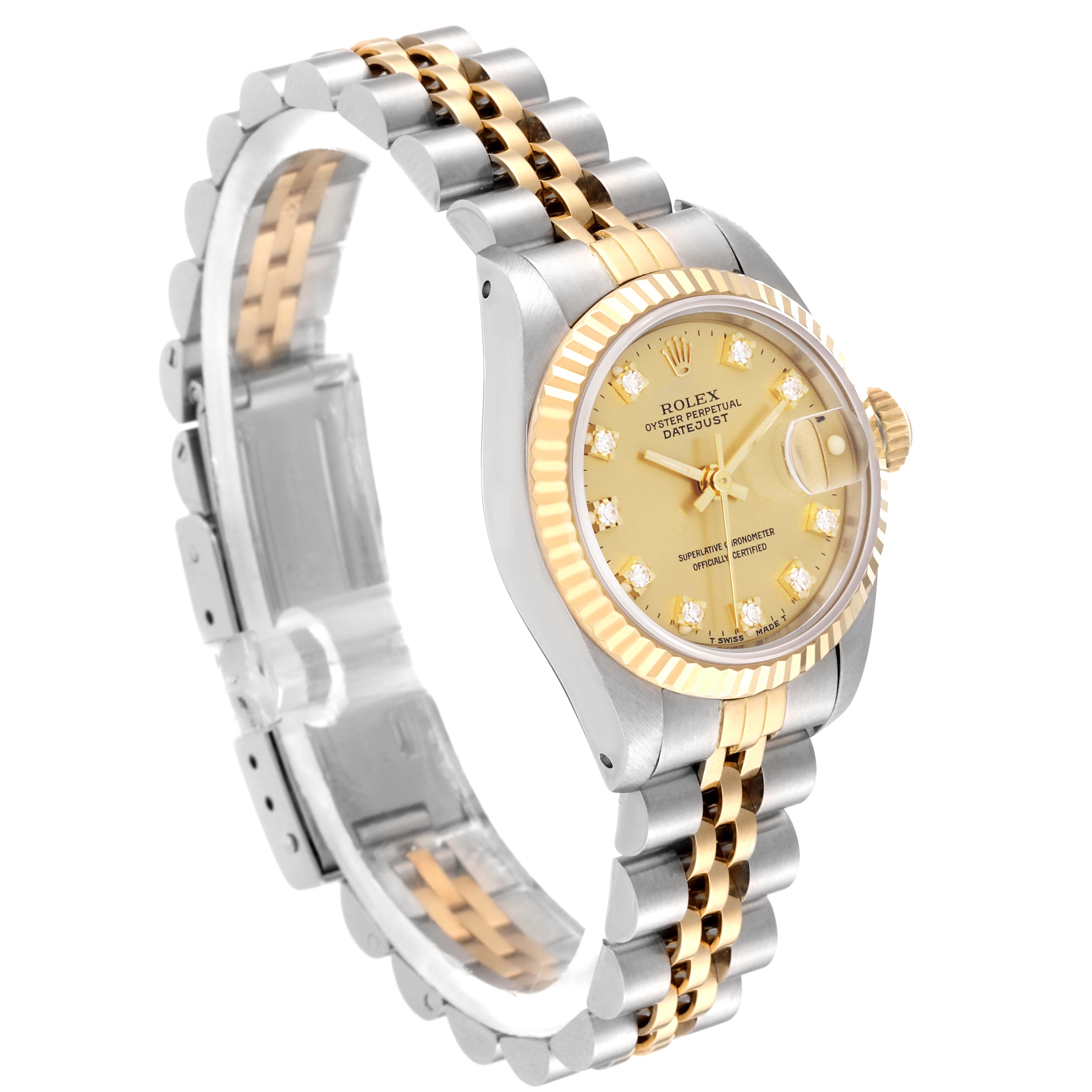 The image shows a Rolex Datejust 69173 Women's Steel and Gold (two tone) Champagne Dial 69173 Women's Steel and Gold (two tone) Champagne Dial watch at a side angle, highlighting its two-tone bracelet, fluted bezel, and champagne dial.