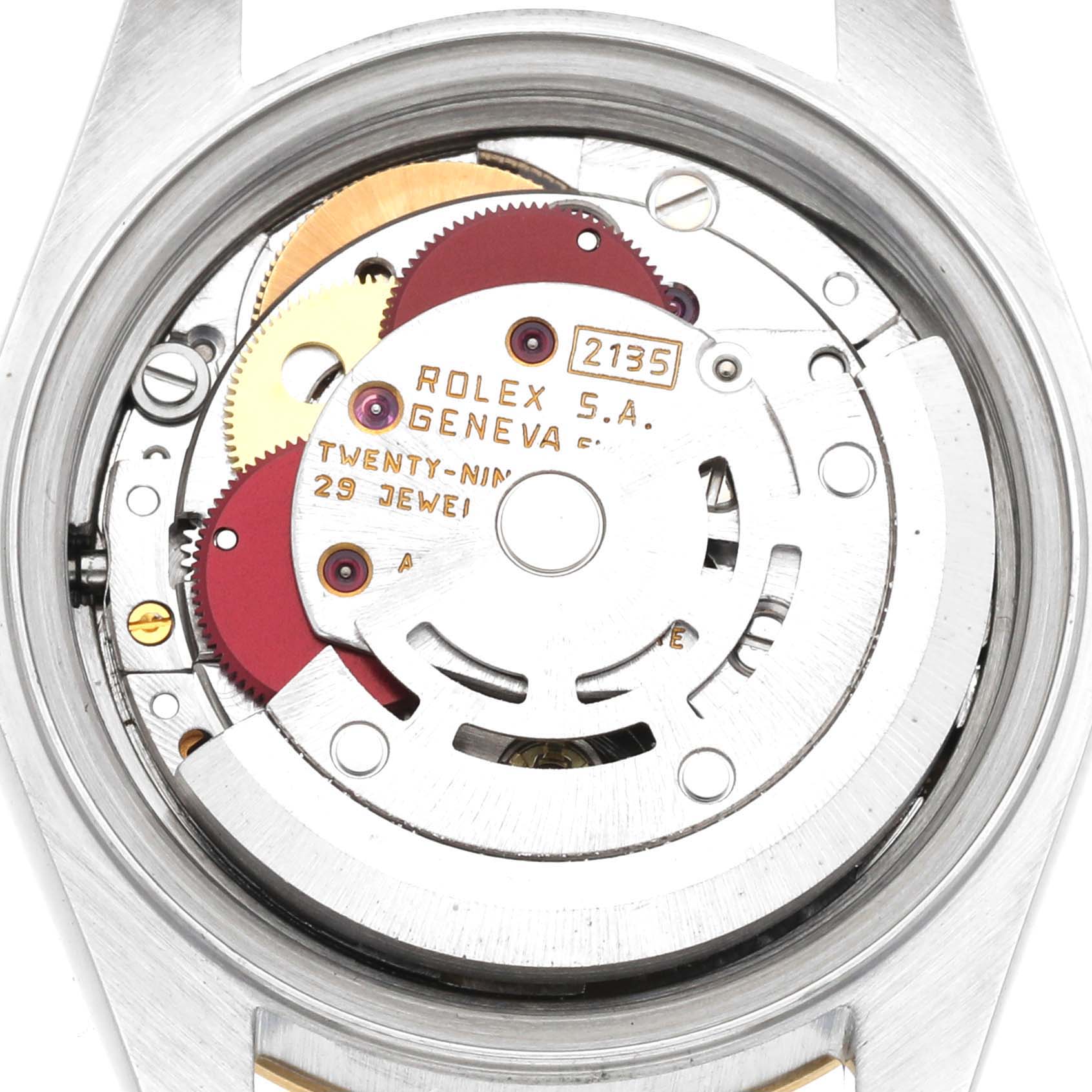 This image shows the movement mechanism of a Rolex Datejust 69173 Women's Steel and Gold (two tone) Champagne Dial 69173 Women's Steel and Gold (two tone) Champagne Dial watch, viewed from the back case.