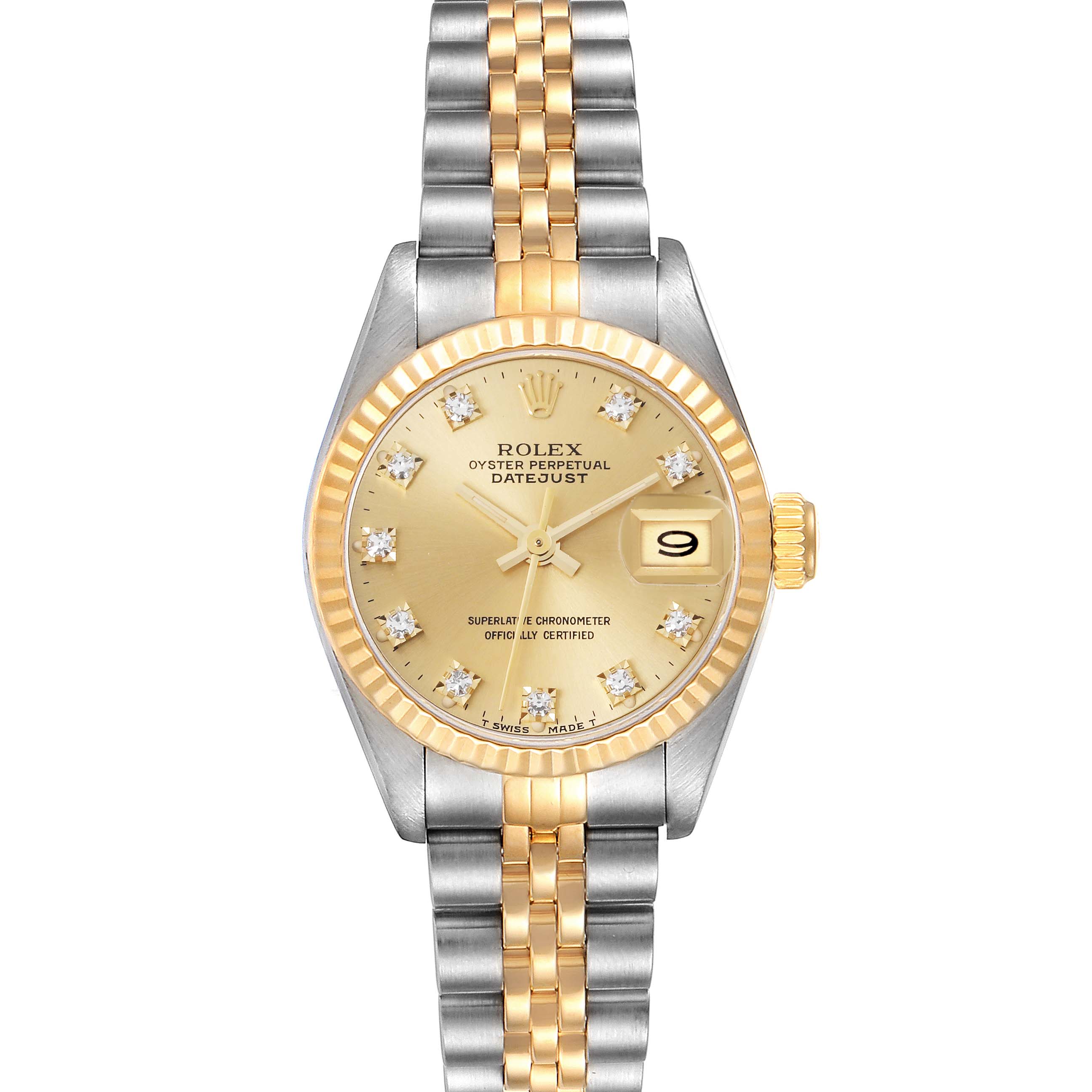 This image shows a front view of a Rolex Datejust 69173 Women's Steel and Gold (two tone) Champagne Dial 69173 Women's Steel and Gold (two tone) Champagne Dial watch, featuring a gold and silver bracelet, gold dial, and date window.