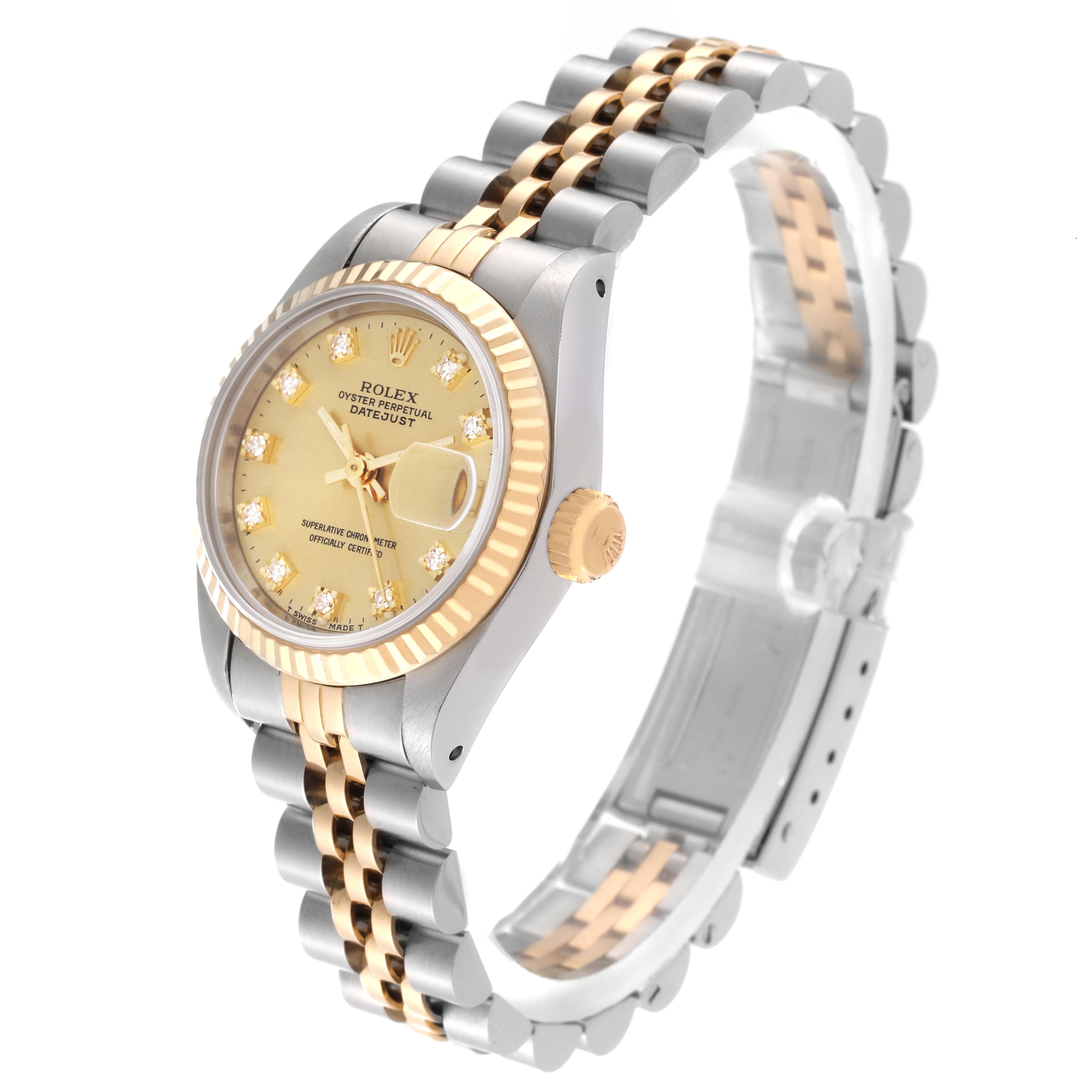 This image shows a quarter-view angle of a Rolex Datejust 69173 Women's Steel and Gold (two tone) Champagne Dial 69173 Women's Steel and Gold (two tone) Champagne Dial watch, highlighting its gold and silver bracelet, bezel, and face.