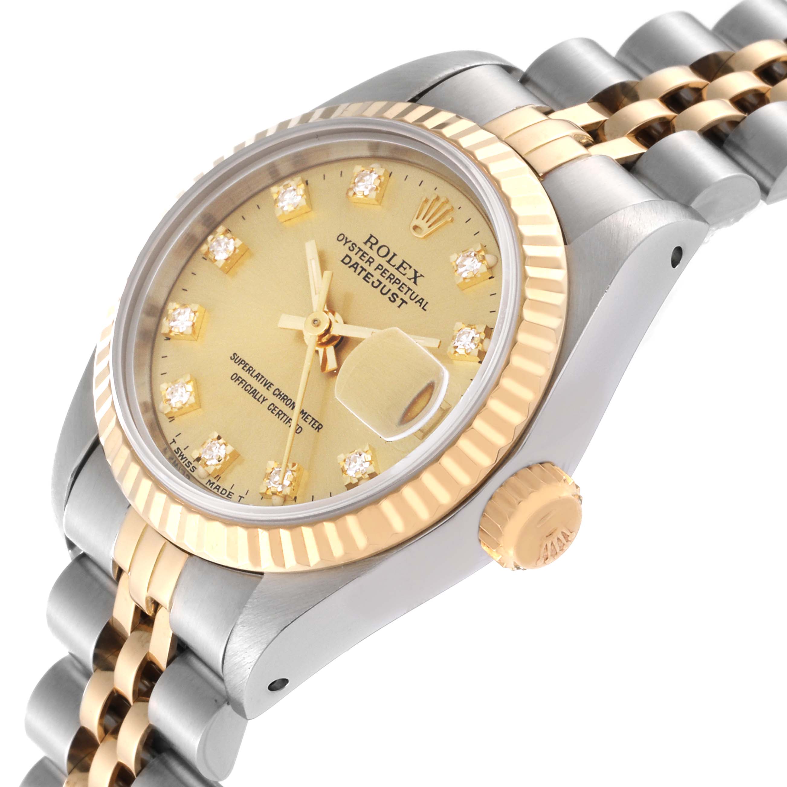 This image shows a Rolex Datejust 69173 Women's Steel and Gold (two tone) Champagne Dial 69173 Women's Steel and Gold (two tone) Champagne Dial watch at an angled close-up, highlighting the dial, crown, and part of the bracelet.