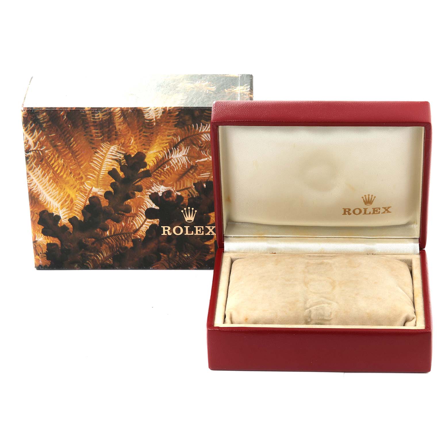 The image shows an empty Rolex Datejust 69173 Women's Steel and Gold (two tone) Champagne Dial 69173 Women's Steel and Gold (two tone) Champagne Dial watch box and outer packaging from a front angle.