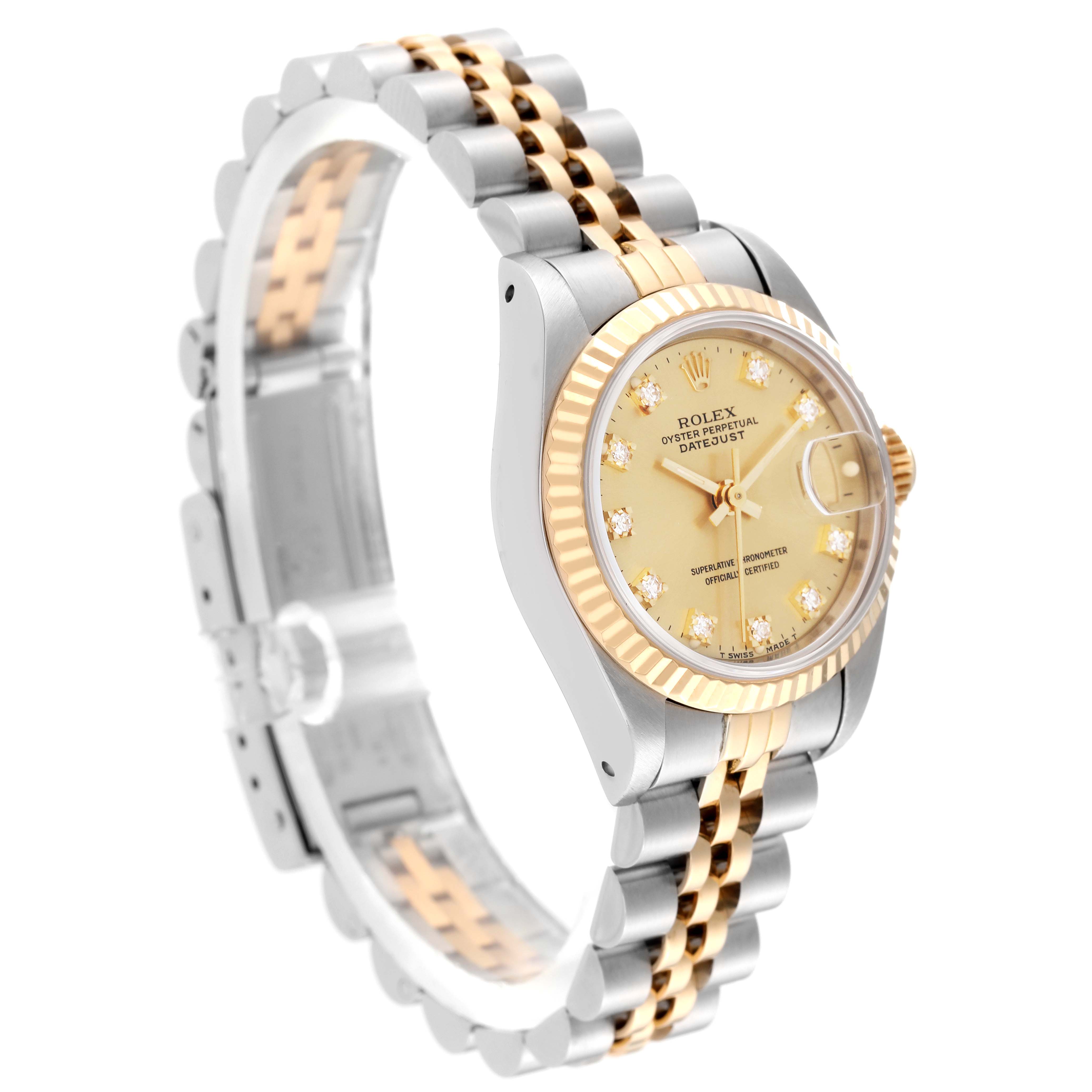 The image shows a side angle of the Rolex Datejust 69173 Women's Steel and Gold (two tone) Champagne Dial 69173 Women's Steel and Gold (two tone) Champagne Dial watch, highlighting the two-tone bracelet, bezel, and face with a date window.