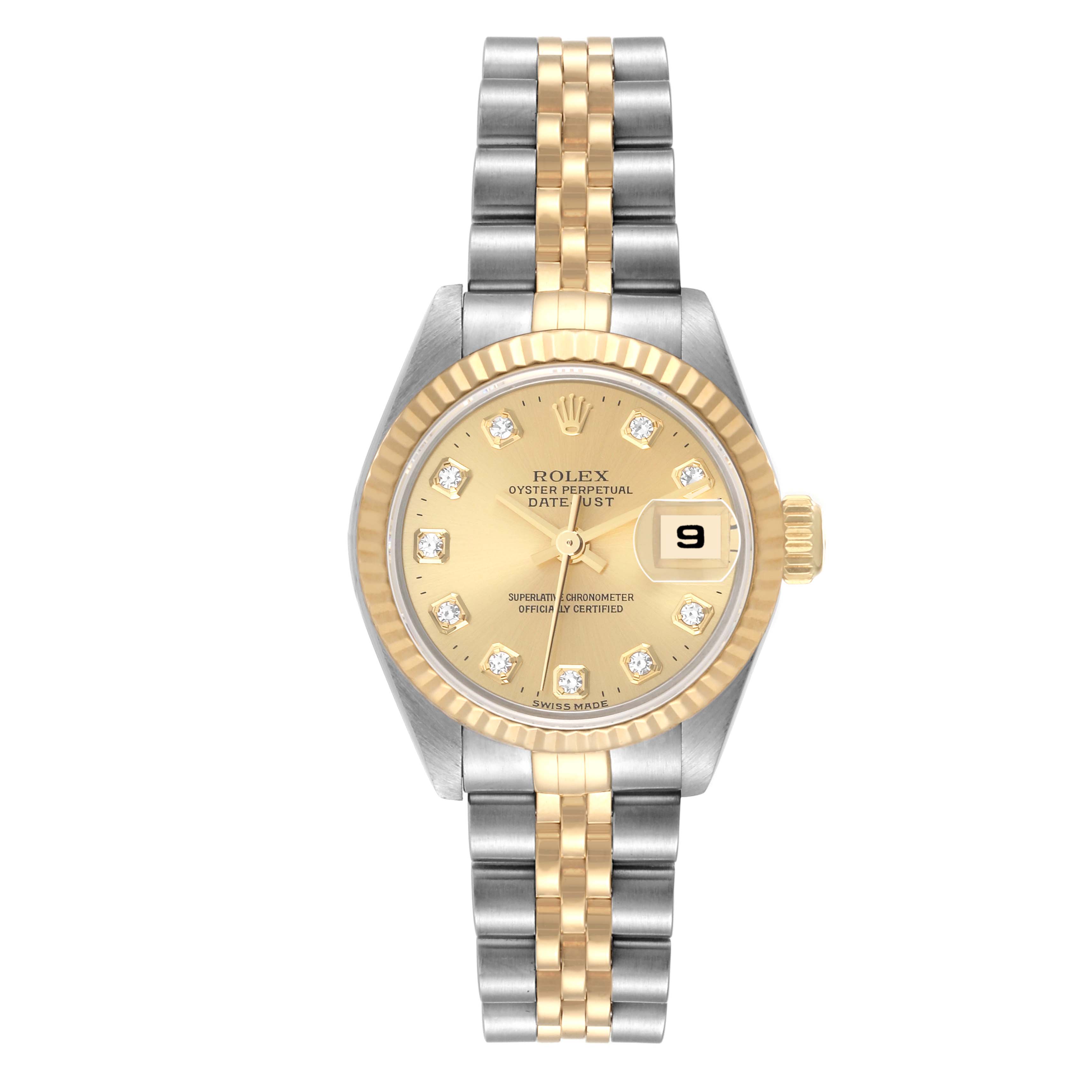 The image shows a front view of a Rolex Datejust 79173 Women's Steel and Gold (two tone) Champagne Dial 79173 Women's Steel and Gold (two tone) Champagne Dial watch, displaying its face, bezel, crown, and bi-metal bracelet.