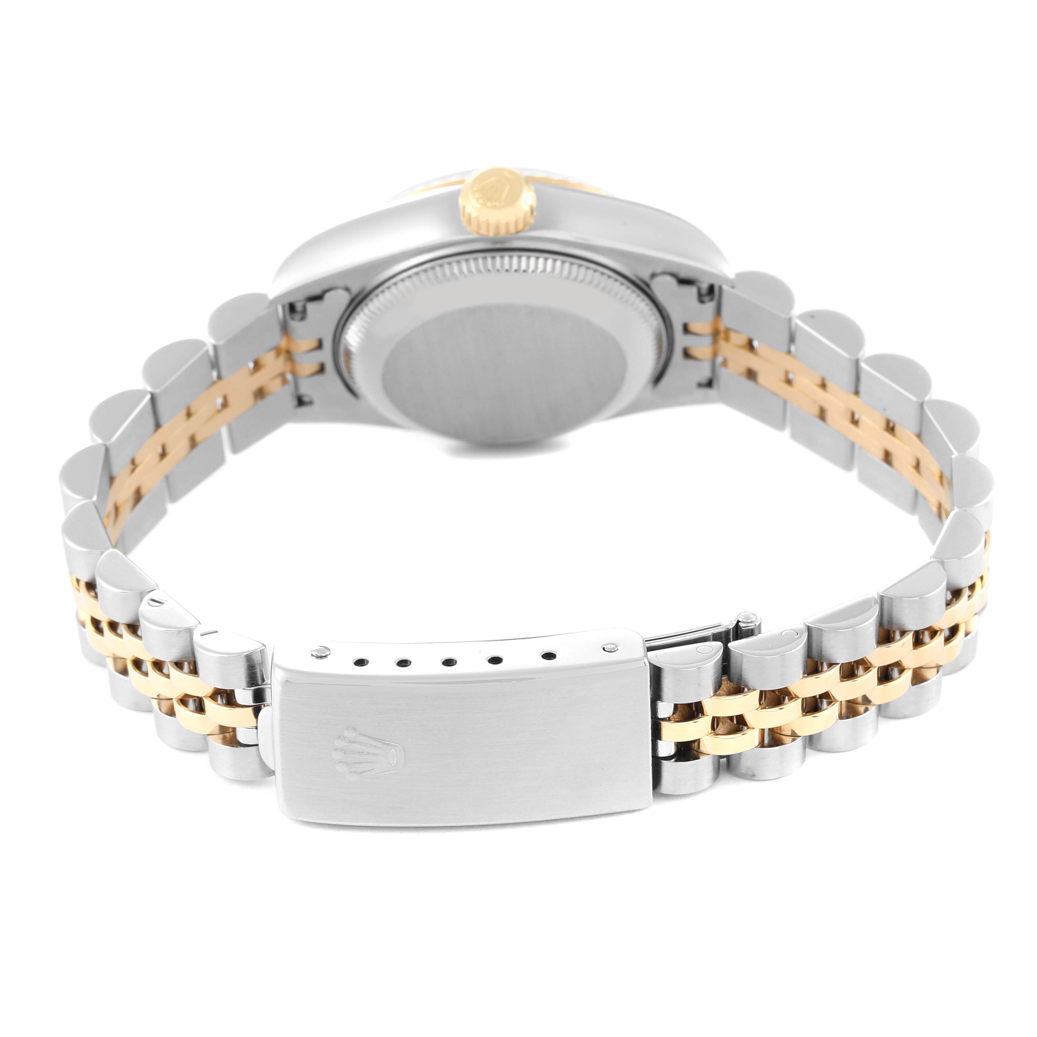 The image shows the backside of the Rolex Datejust 79173 Women's Steel and Gold (two tone) Champagne Dial 79173 Women's Steel and Gold (two tone) Champagne Dial watch, featuring the case back and two-tone Jubilee bracelet with clasp.