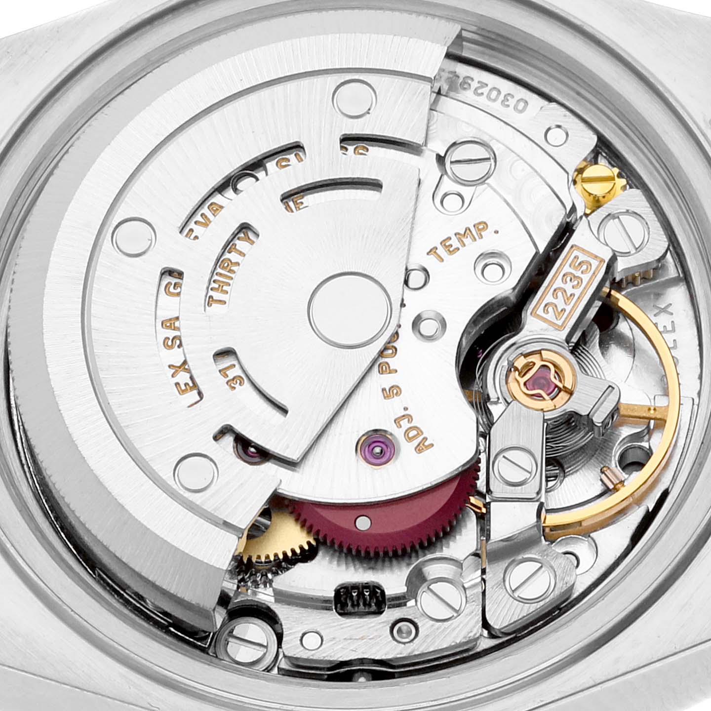 This image shows a close-up of the movement inside a Rolex Datejust 79173 Women's Steel and Gold (two tone) Champagne Dial 79173 Women's Steel and Gold (two tone) Champagne Dial watch, highlighting its intricate mechanical components.