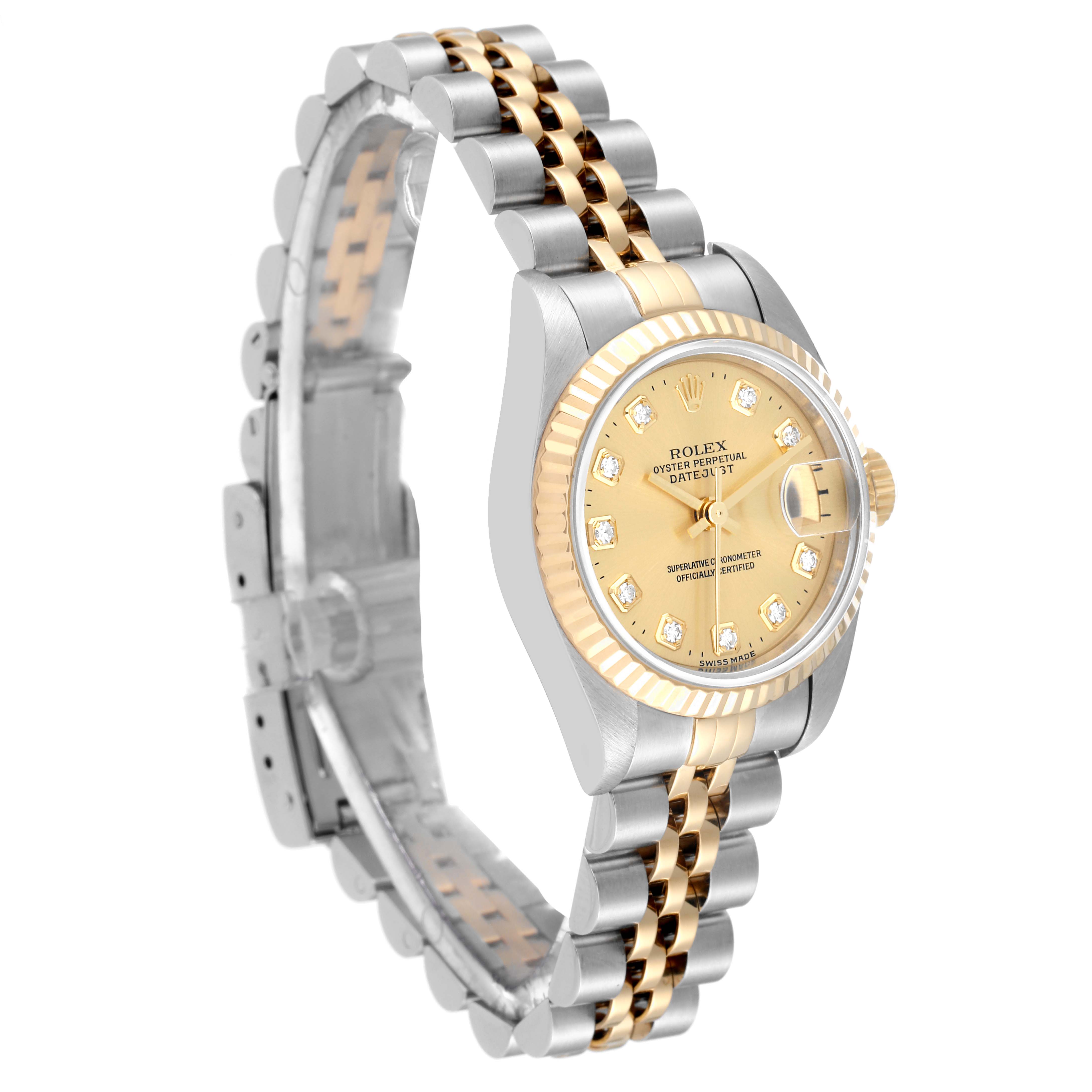 The Rolex Datejust 79173 Women's Steel and Gold (two tone) Champagne Dial 79173 Women's Steel and Gold (two tone) Champagne Dial watch is shown from an angled side view, highlighting the face, bezel, crown, and two-tone bracelet.